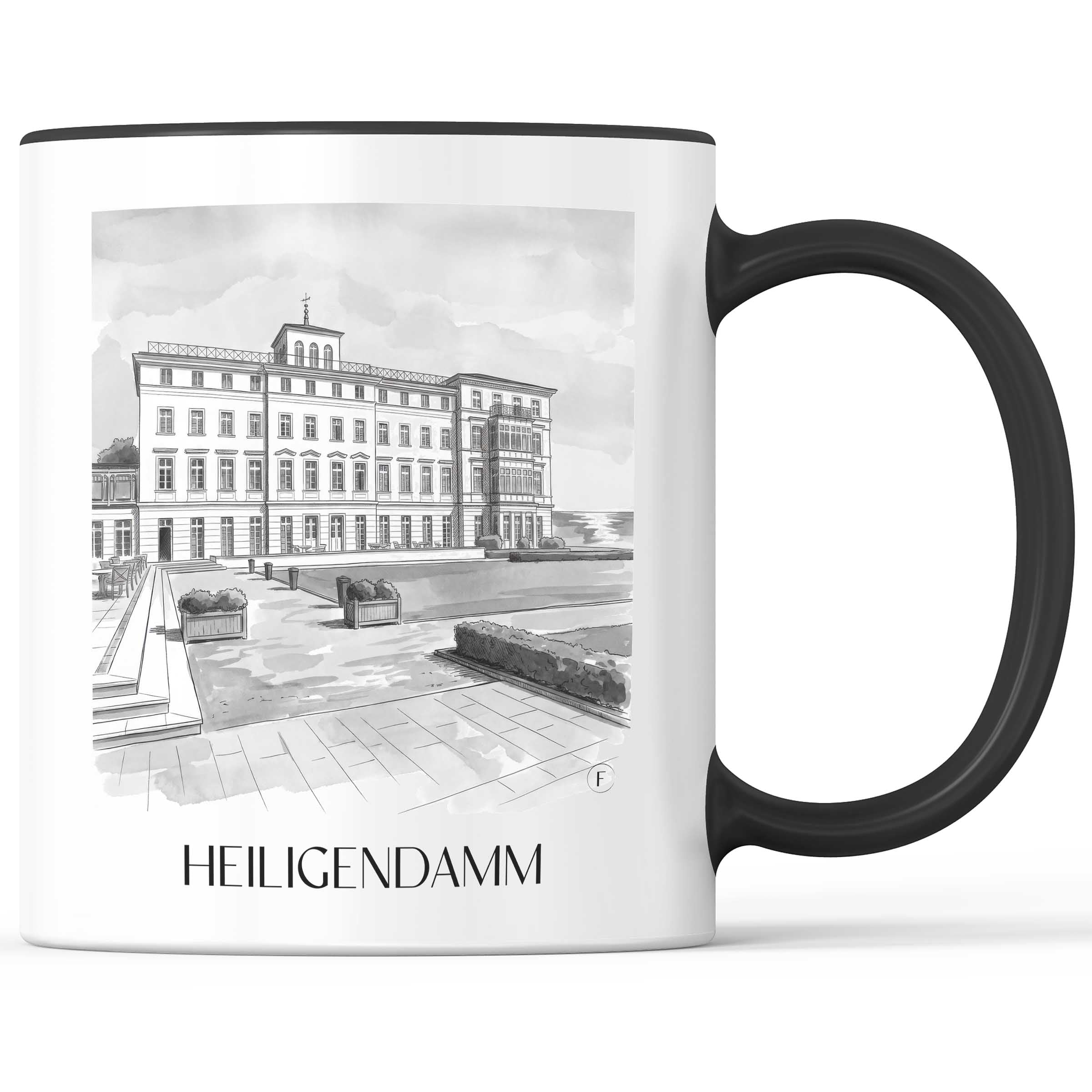 Heiligendamm Kaffeebecher - Mecklenburg - Deutschland Becher - Kaffeetasse im Aquarell Schwarz-Weiß Stil