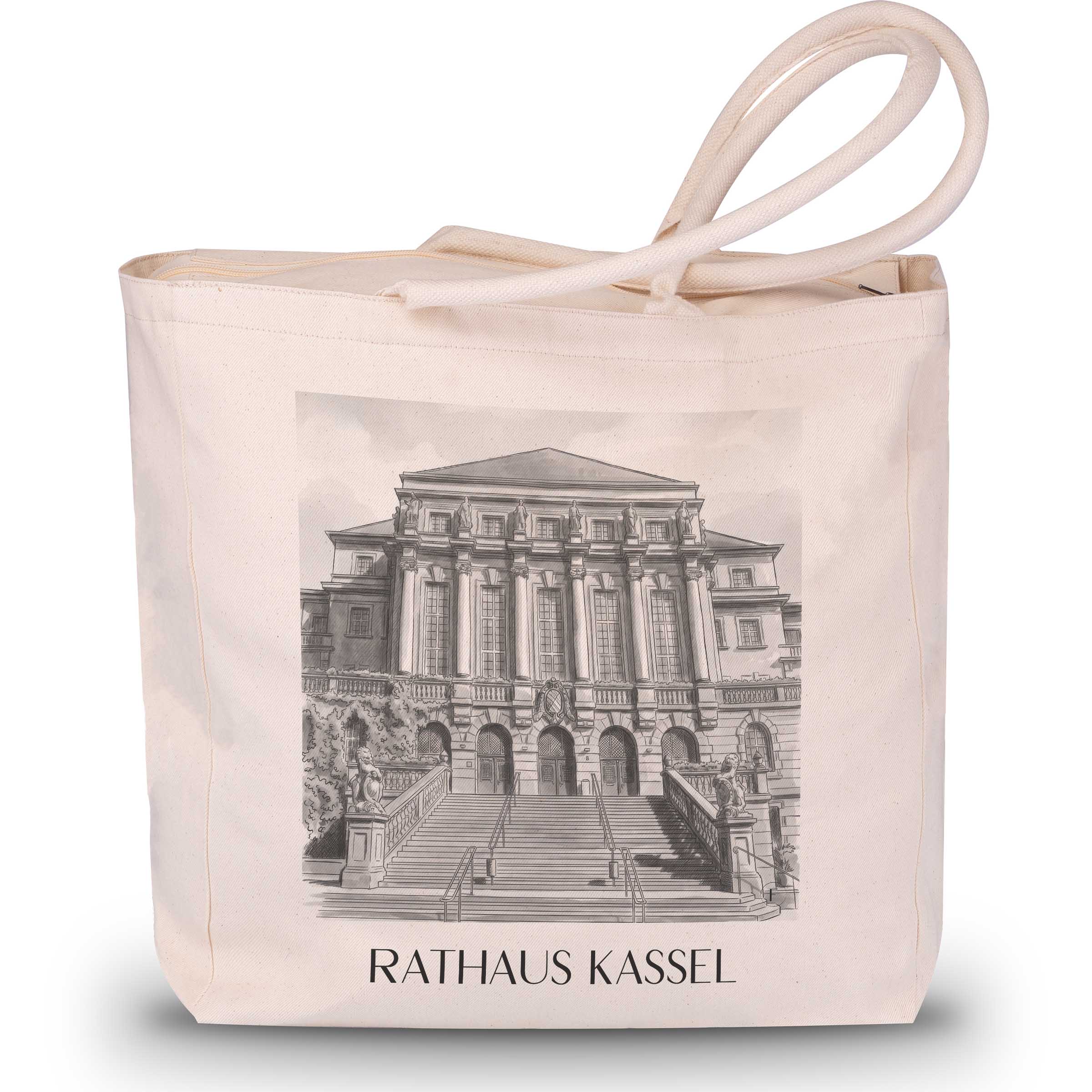 rathaus-kassel-deutschland-einkaufstasche-aquarell-schwarz-weiss