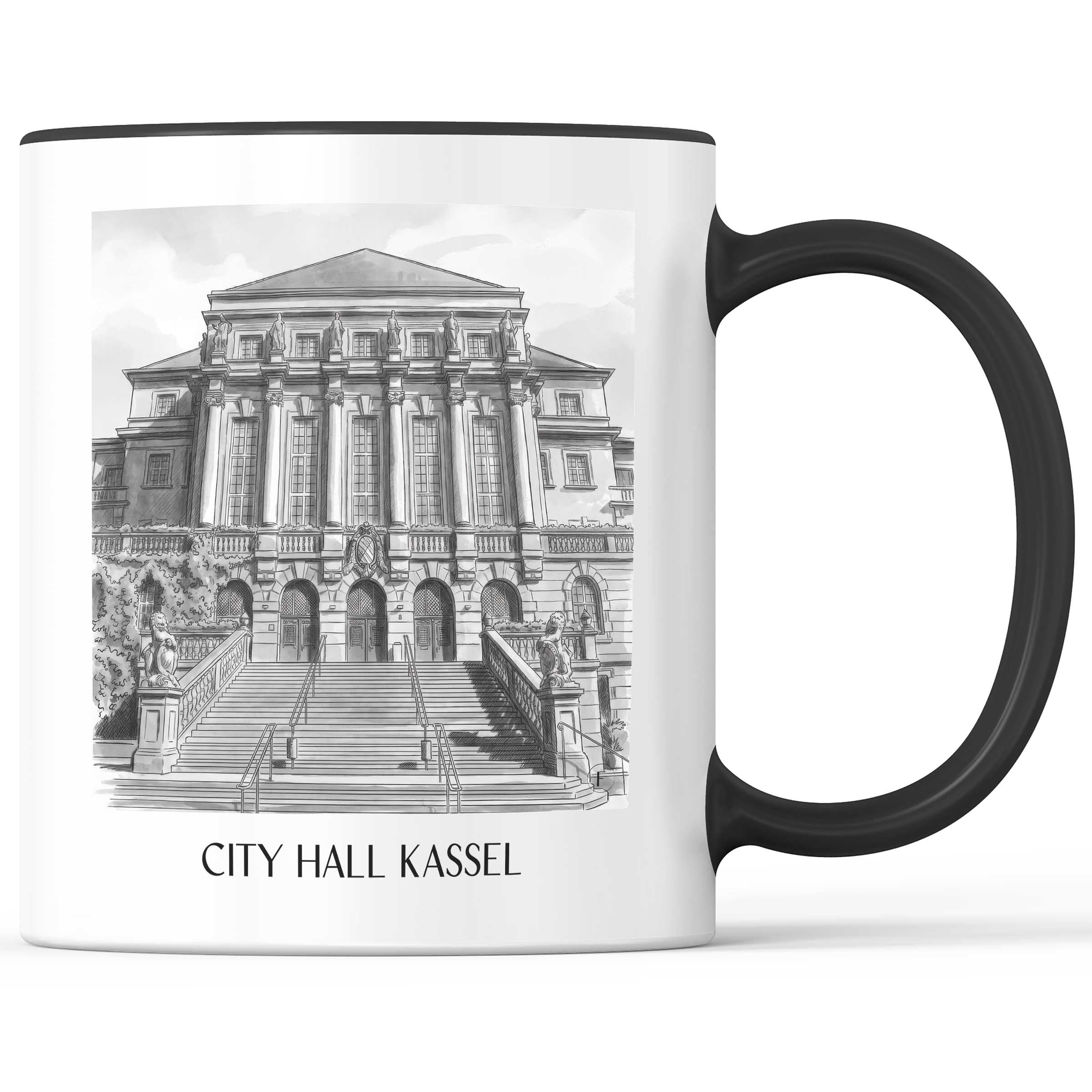 Rathaus Kaffeebecher - Kassel - Deutschland Becher - Kaffeetasse im Aquarell Schwarz-Weiß Stil