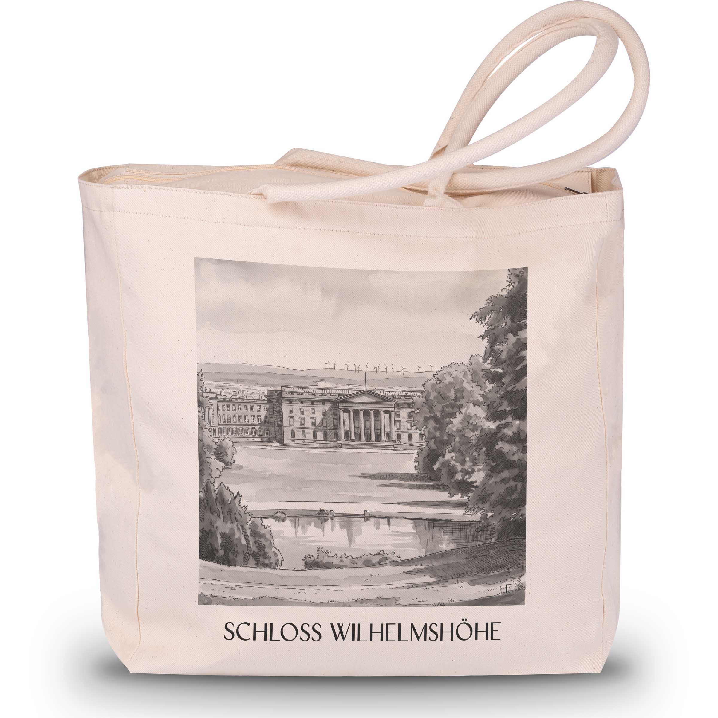 schloss-wilhelmshöhe-kassel-deutschland-einkaufstasche-aquarell-schwarz-weiss