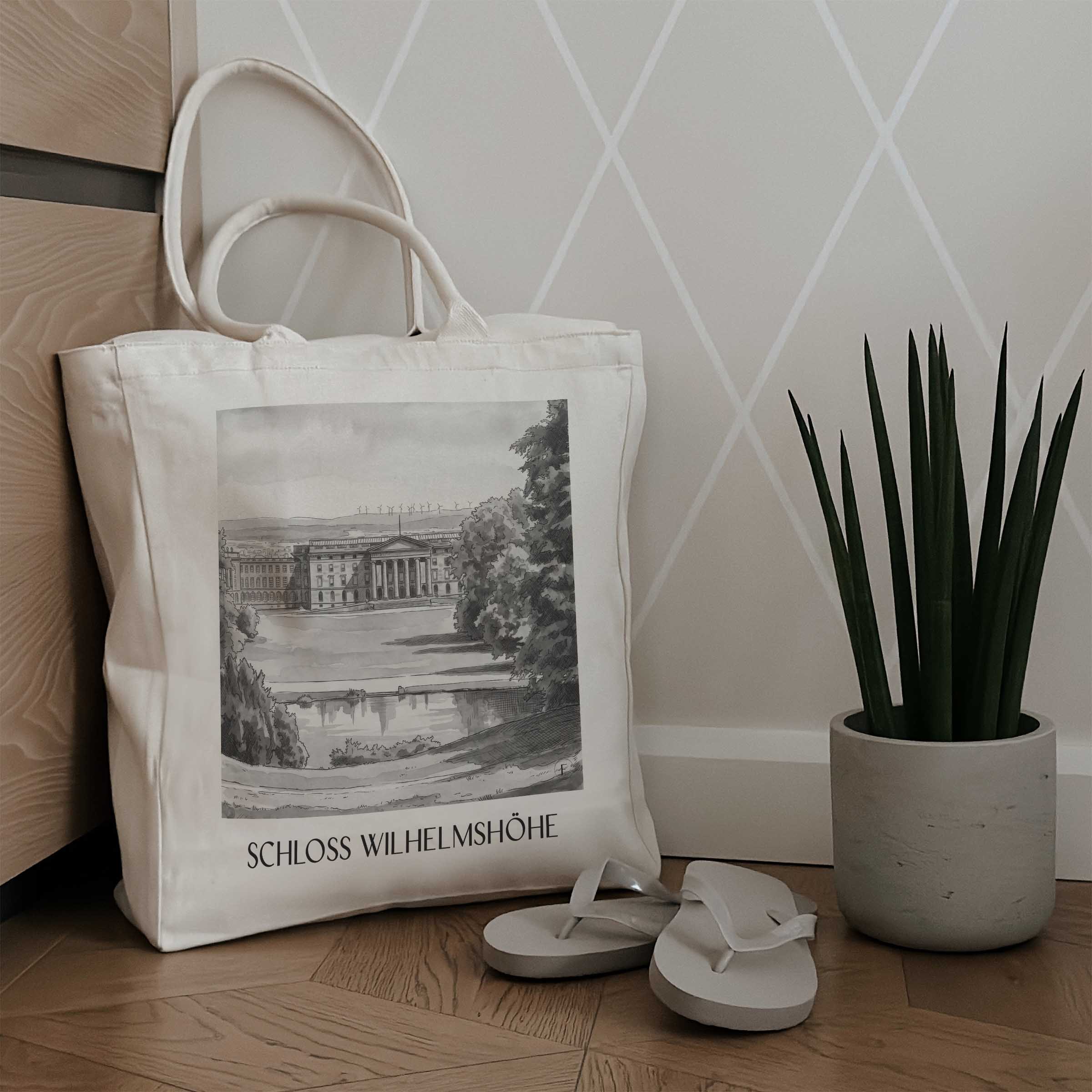 schloss-wilhelmshöhe-kassel-deutschland-einkaufstasche-aquarell-schwarz-weiss