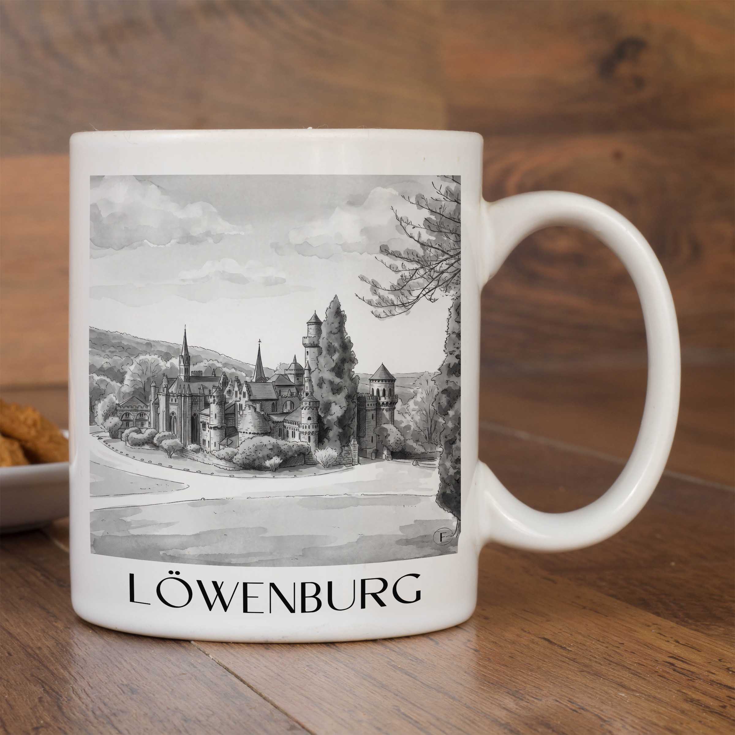 löwenburg-kassel-deutschland-kaffeebecher-aquarell-schwarz-weiss