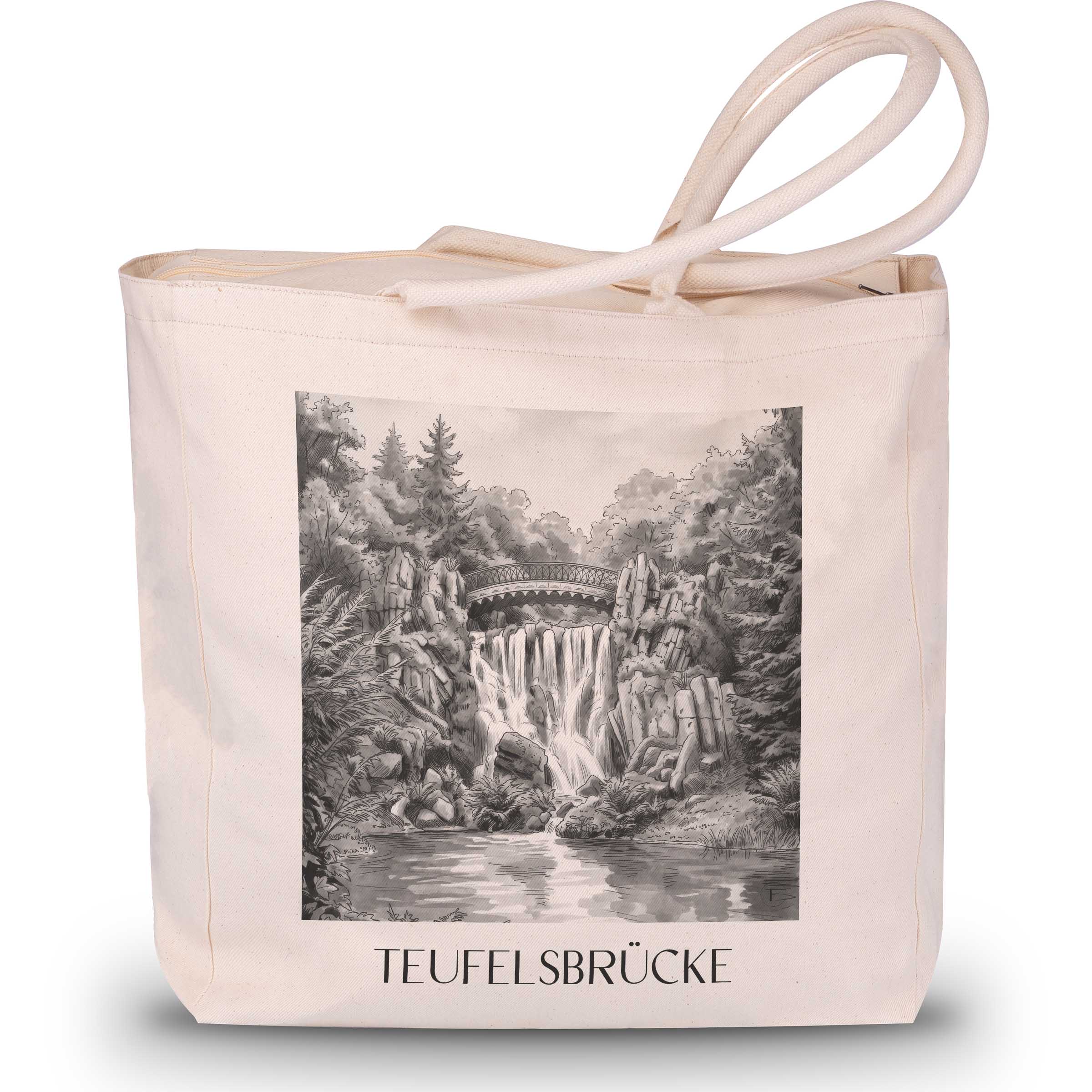teufelsbrücke-kassel-deutschland-einkaufstasche-aquarell-schwarz-weiss