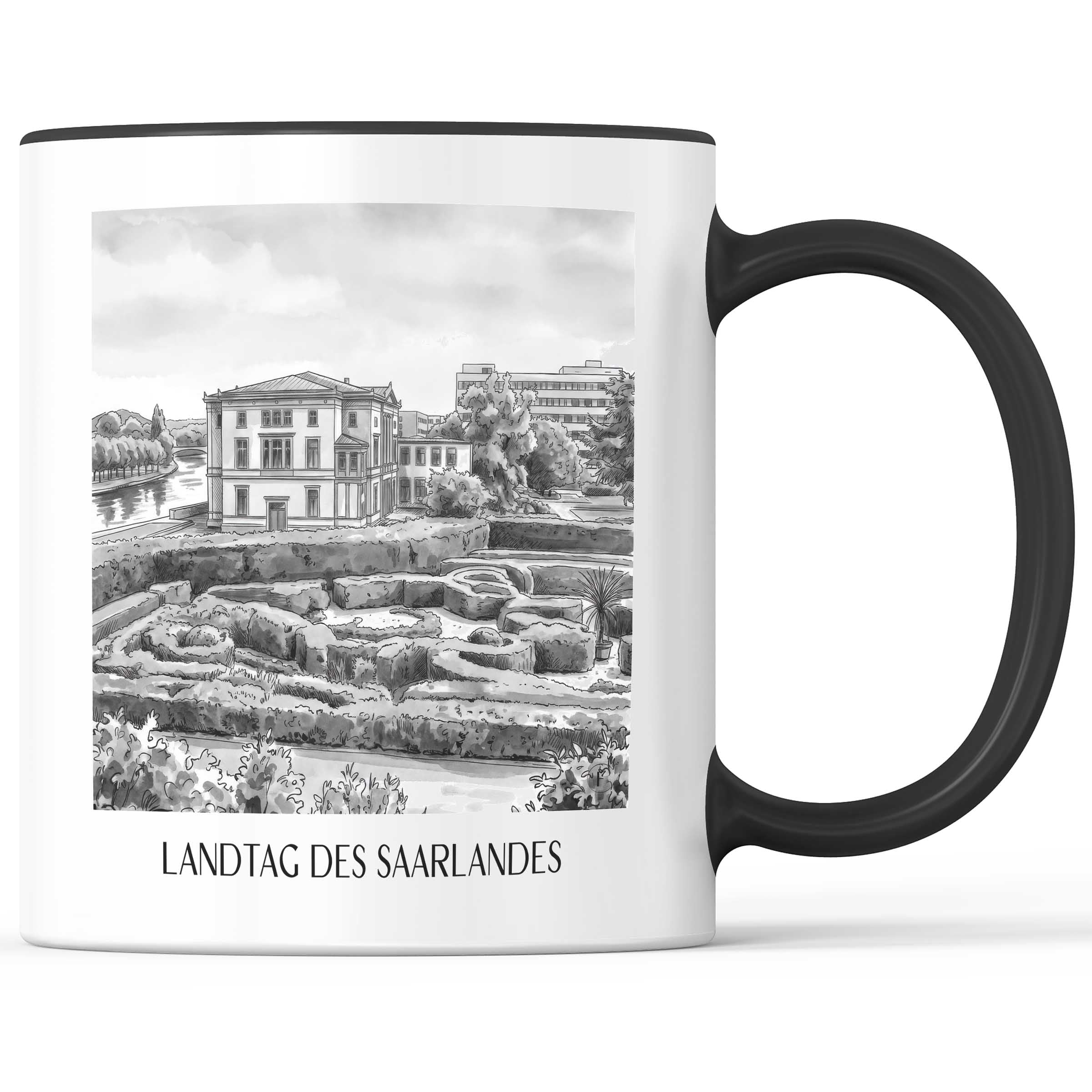 landtag-des-saarlandes-saarbrücken-deutschland-kaffeebecher-aquarell-schwarz-weiss