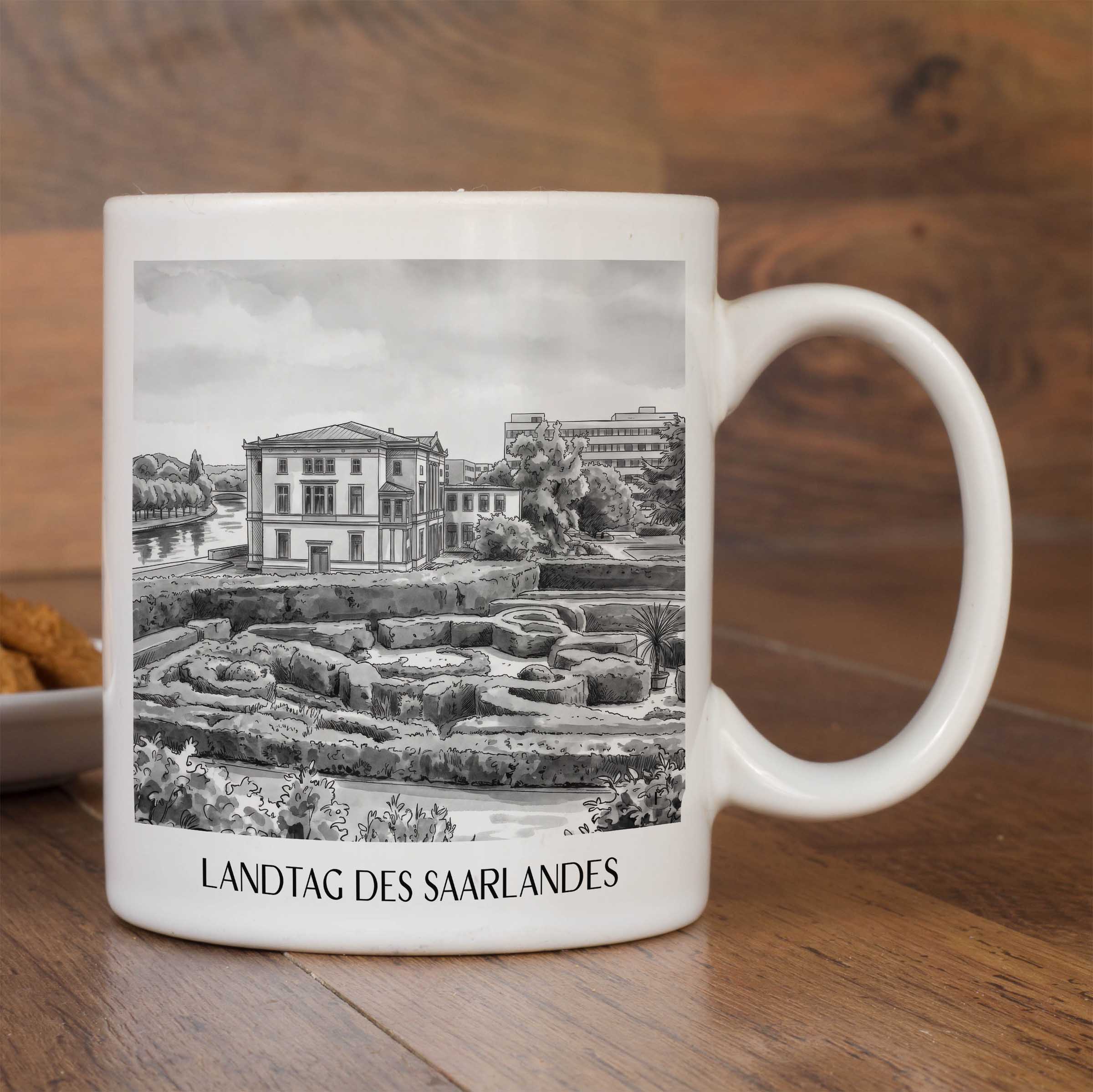 landtag-des-saarlandes-saarbrücken-deutschland-kaffeebecher-aquarell-schwarz-weiss