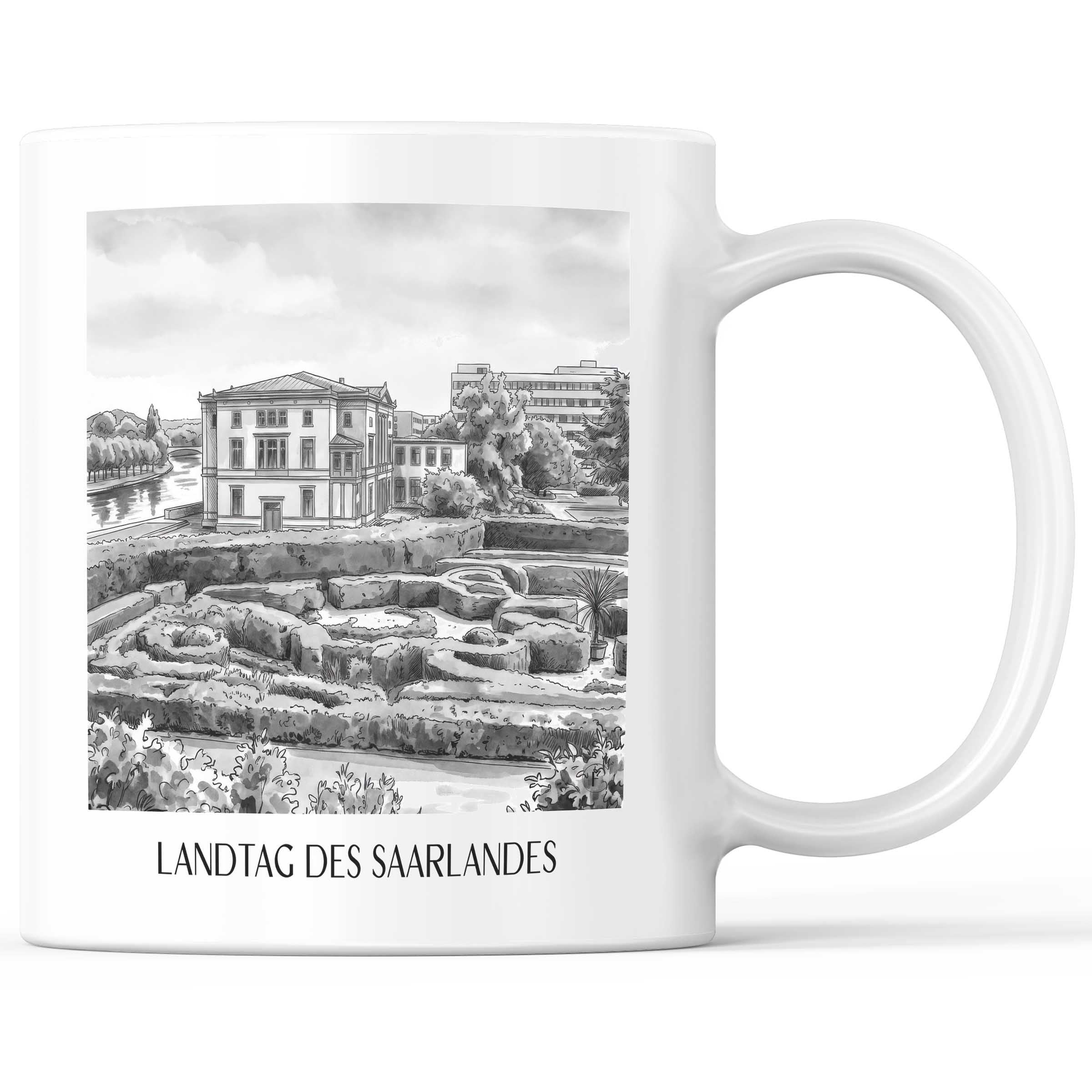 landtag-des-saarlandes-saarbrücken-deutschland-kaffeebecher-aquarell-schwarz-weiss