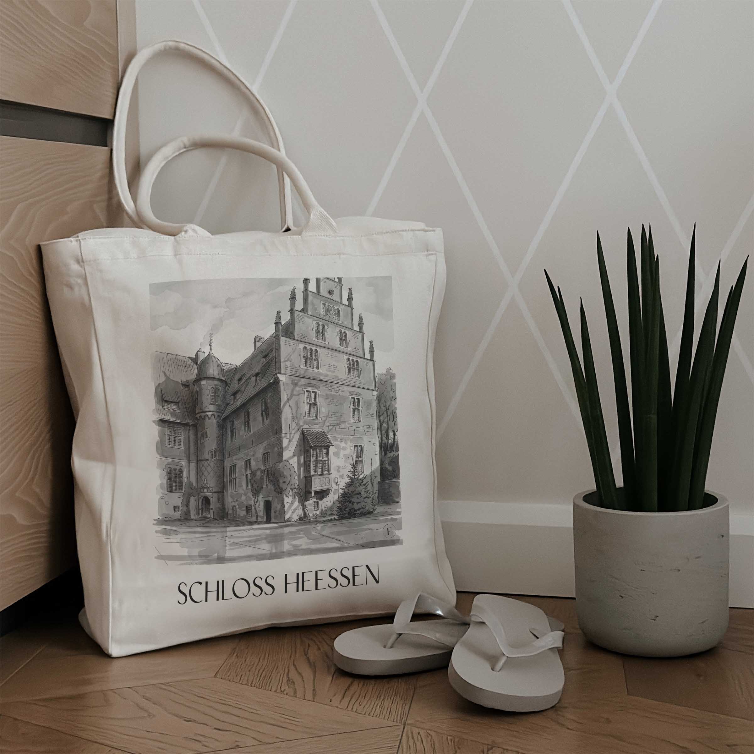 schloss-heessen-hamm-deutschland-einkaufstasche-aquarell-schwarz-weiss