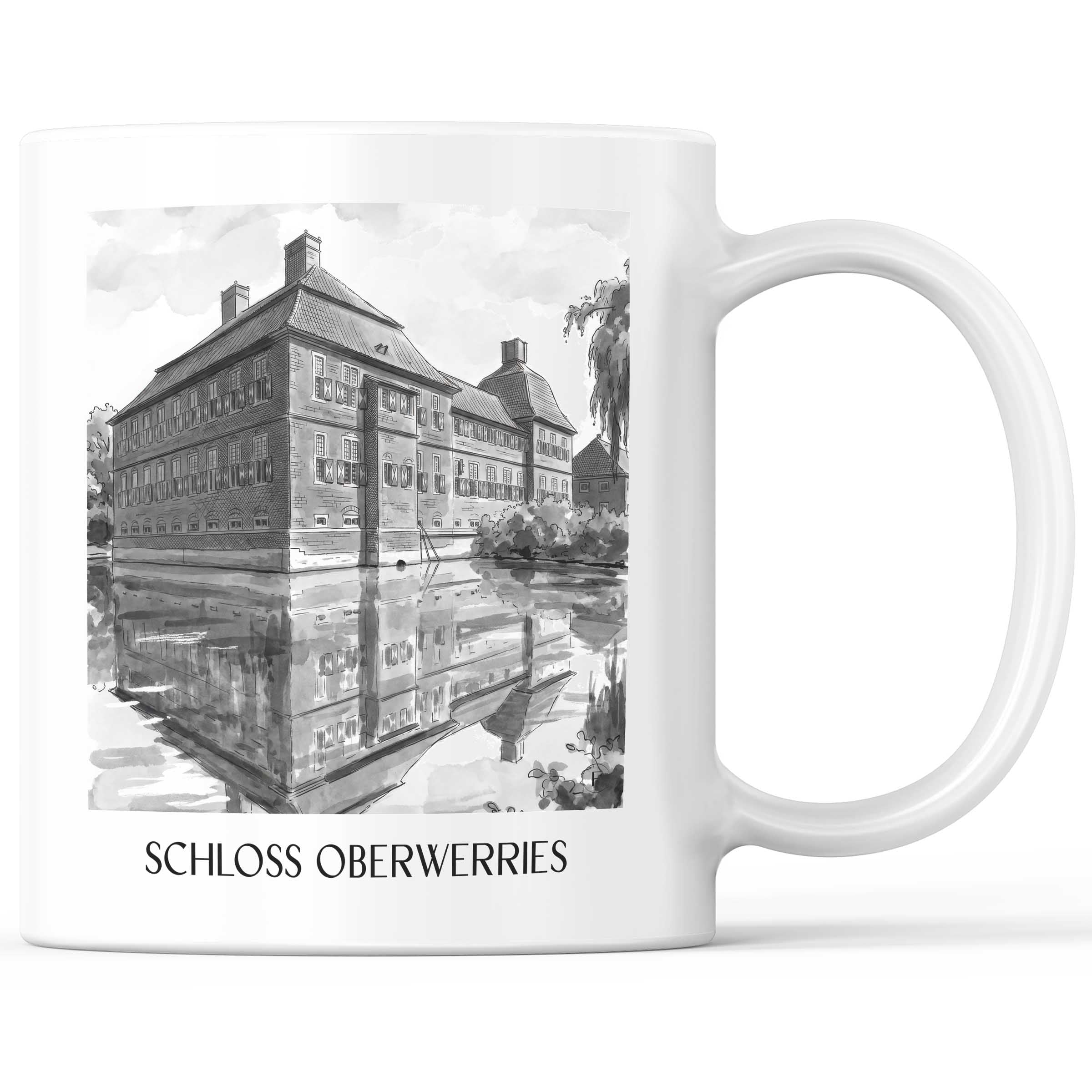 schloss-oberwerries-hamm-deutschland-kaffeebecher-aquarell-schwarz-weiss
