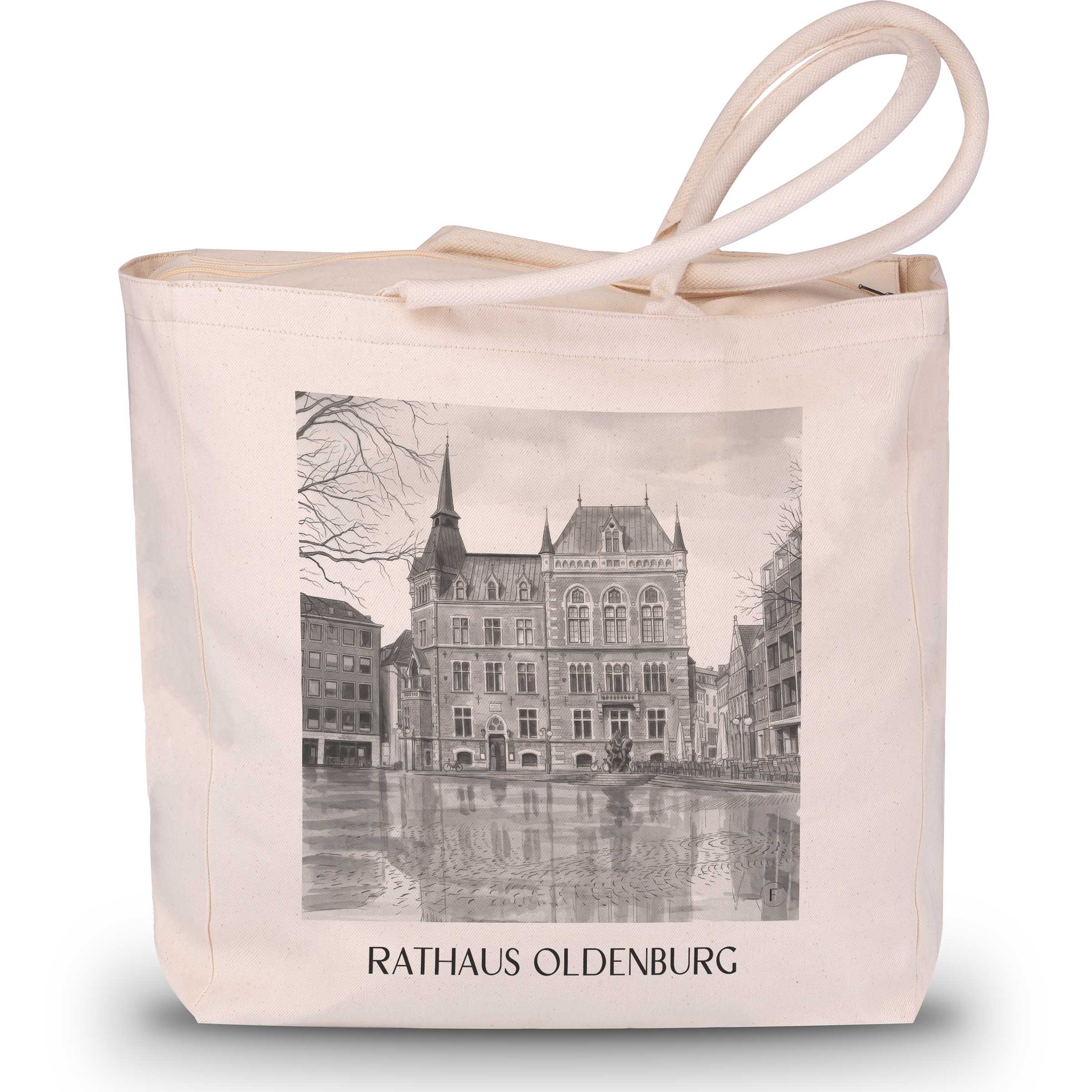 rathaus-oldenburg-deutschland-einkaufstasche-aquarell-schwarz-weiss