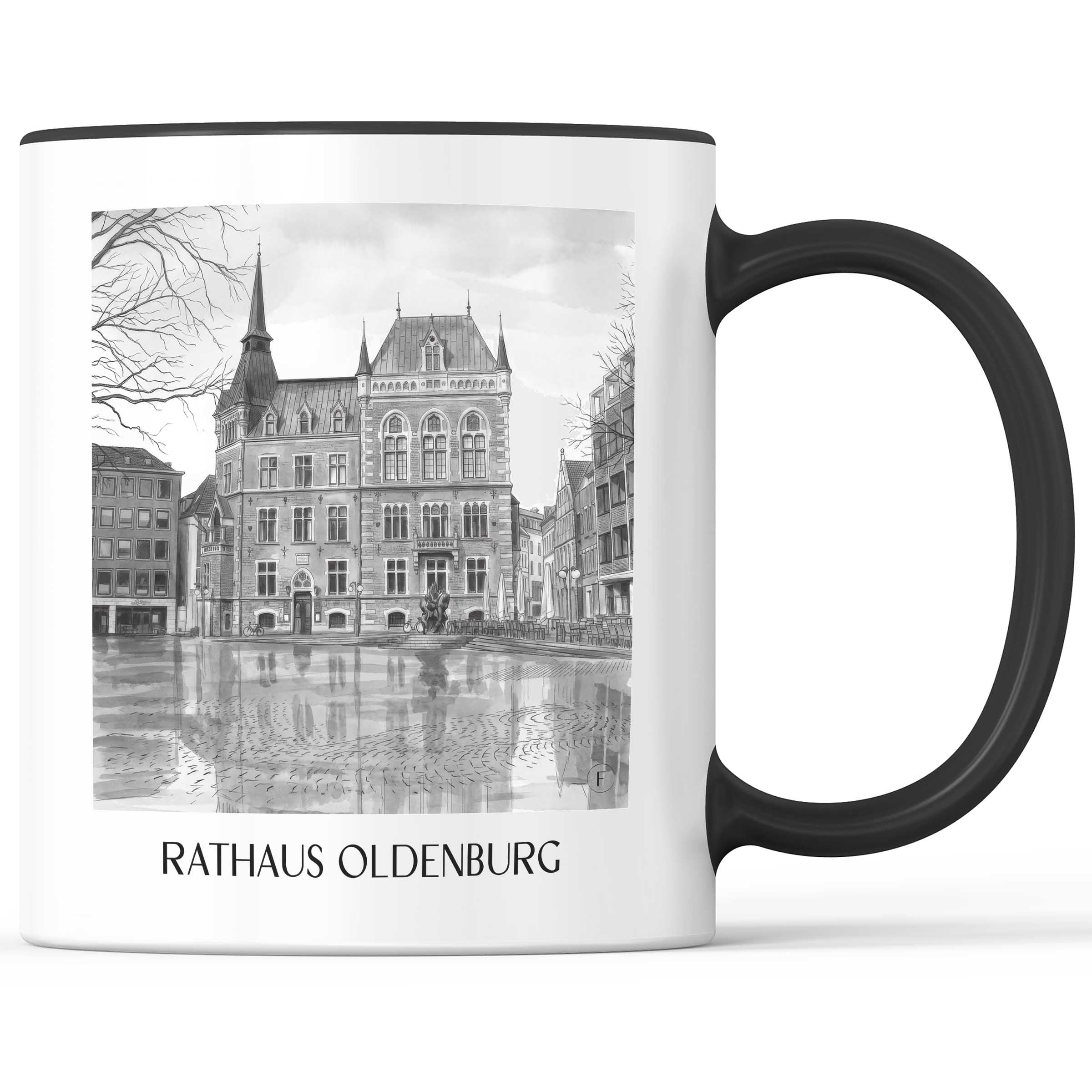 rathaus-oldenburg-deutschland-kaffeebecher-aquarell-schwarz-weiss