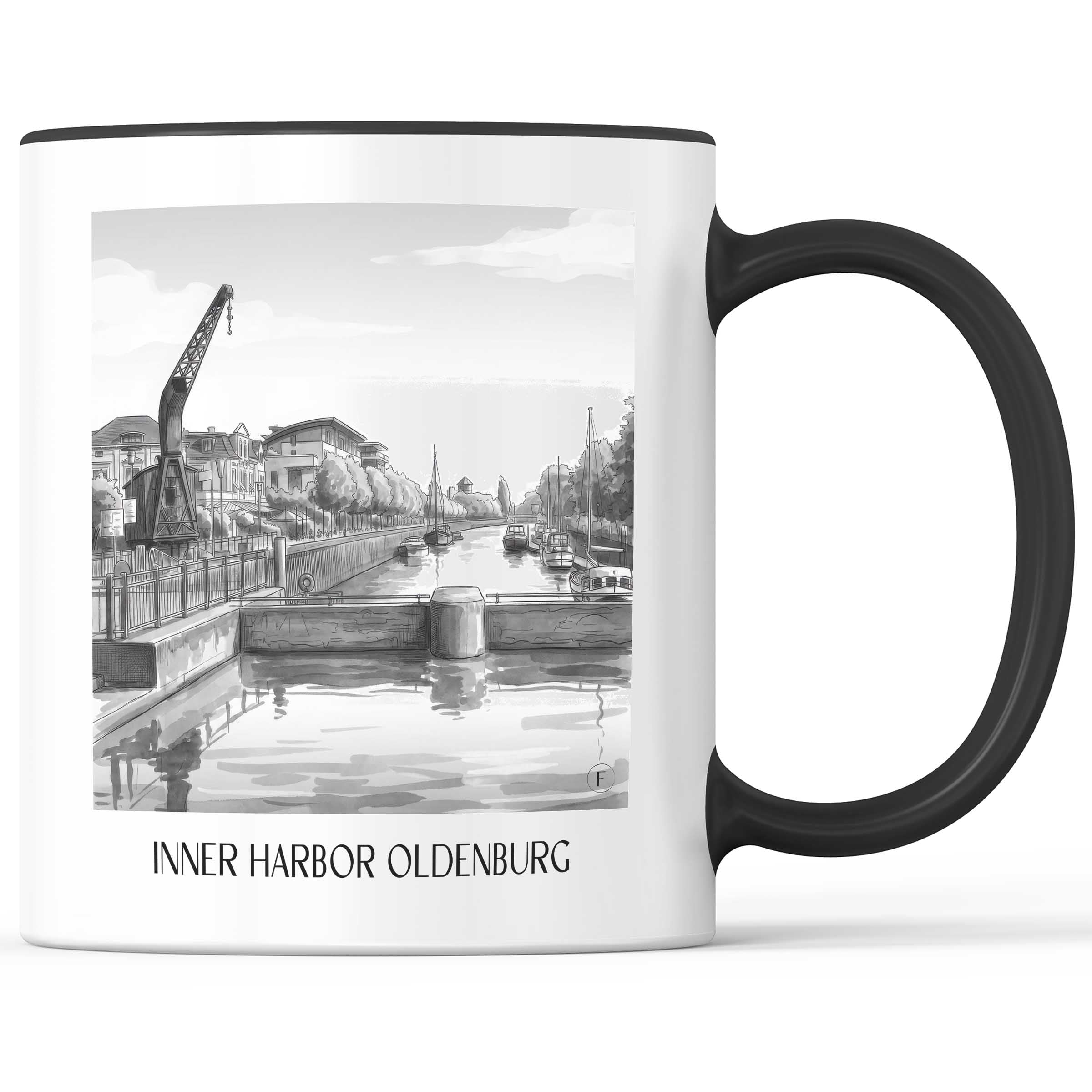 Innenhafen Kaffeebecher - Oldenburg - Deutschland Becher - Kaffeetasse im Aquarell Schwarz-Weiß Stil