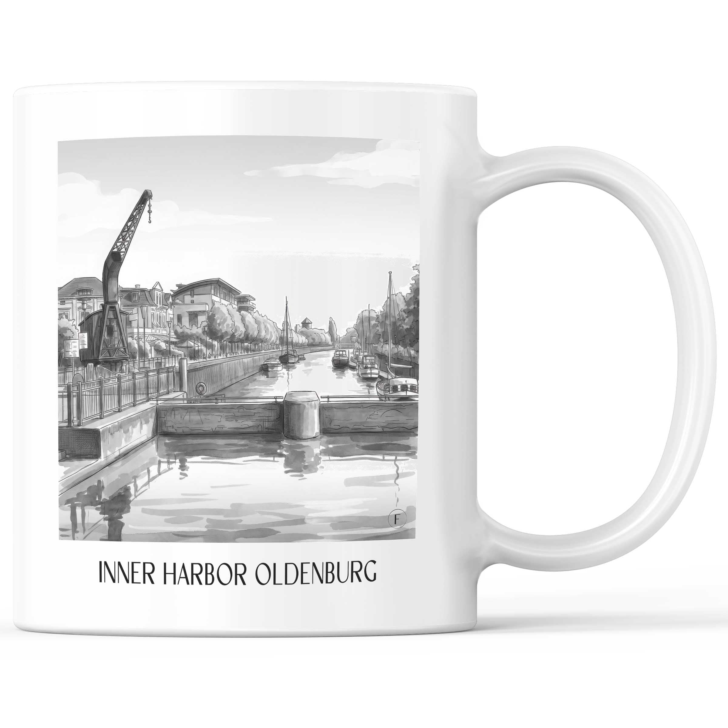 Innenhafen Kaffeebecher - Oldenburg - Deutschland Becher - Kaffeetasse im Aquarell Schwarz-Weiß Stil