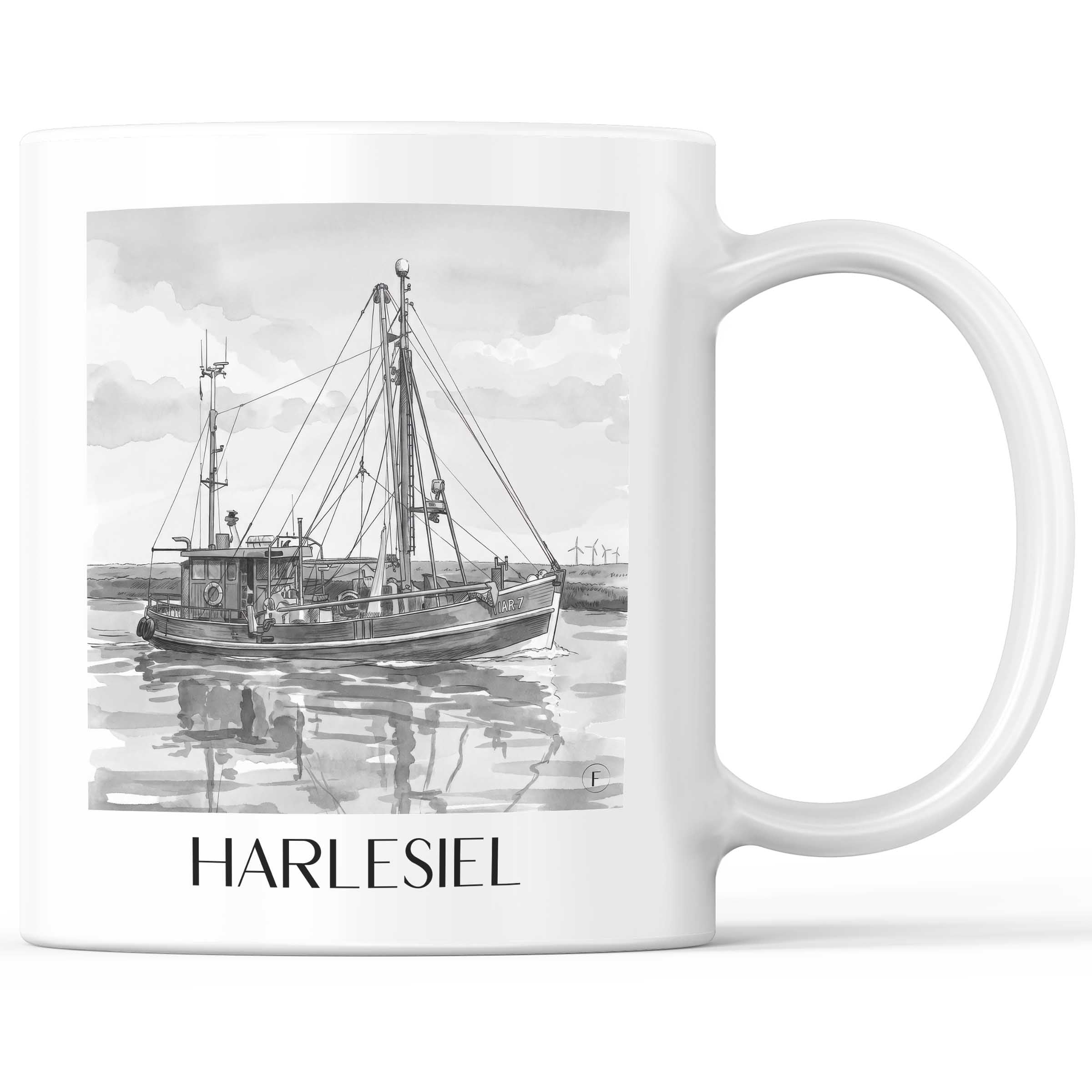 harlesiel-ostfriesland-deutschland-kaffeebecher-aquarell-schwarz-weiss