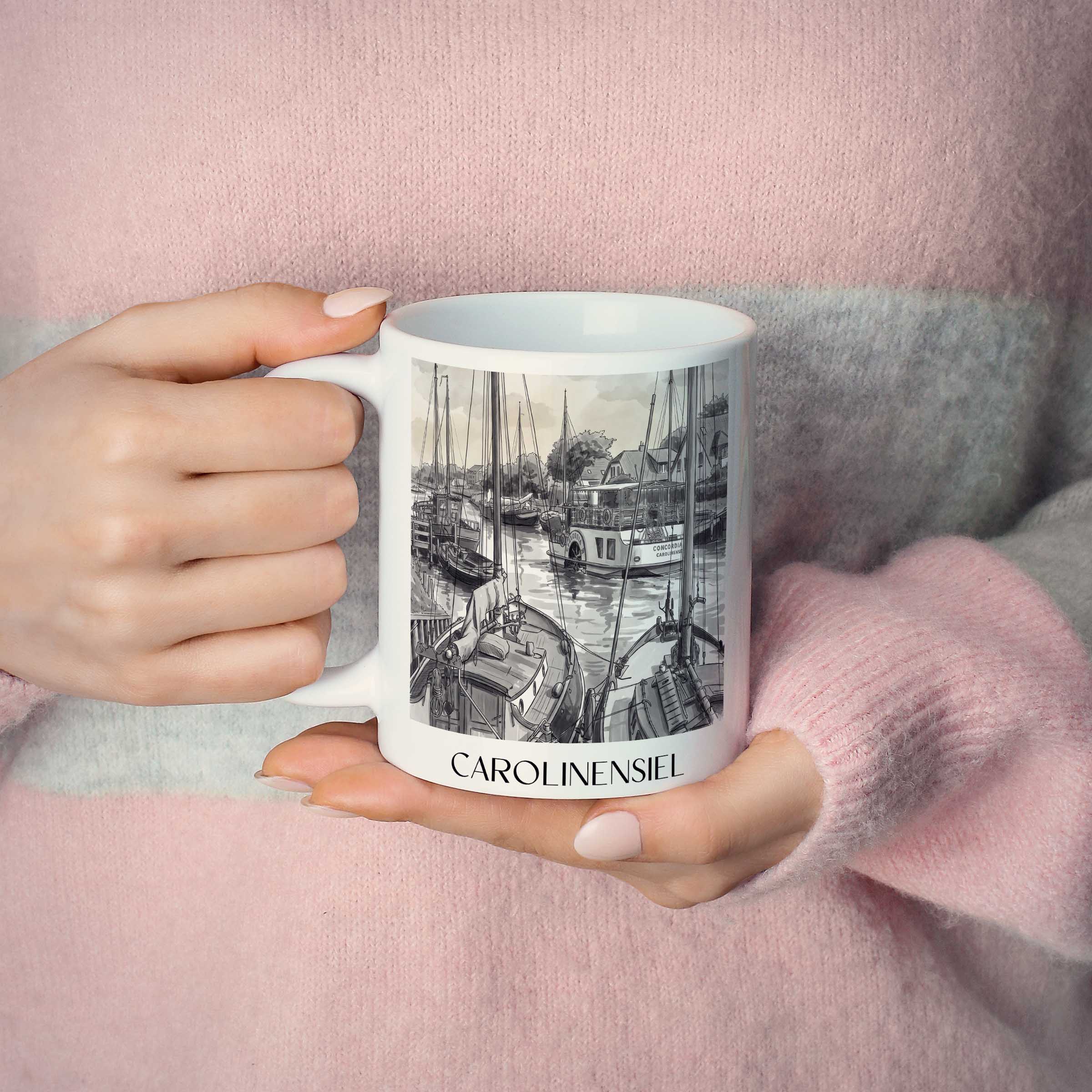 carolinensiel-ostfriesland-deutschland-kaffeebecher-aquarell-schwarz-weiss