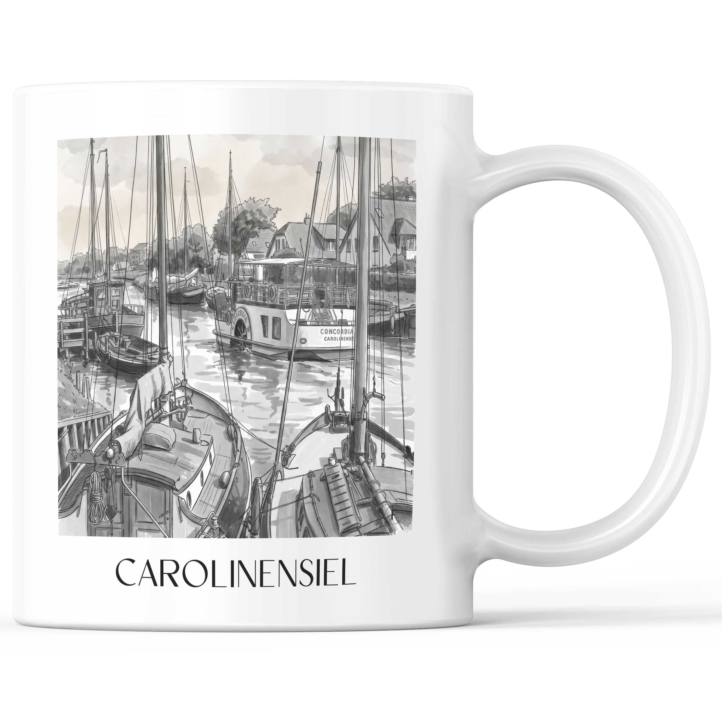 Carolinensiel Kaffeebecher - Ostfriesland - Deutschland Becher - Kaffeetasse im Aquarell Schwarz-Weiß Stil