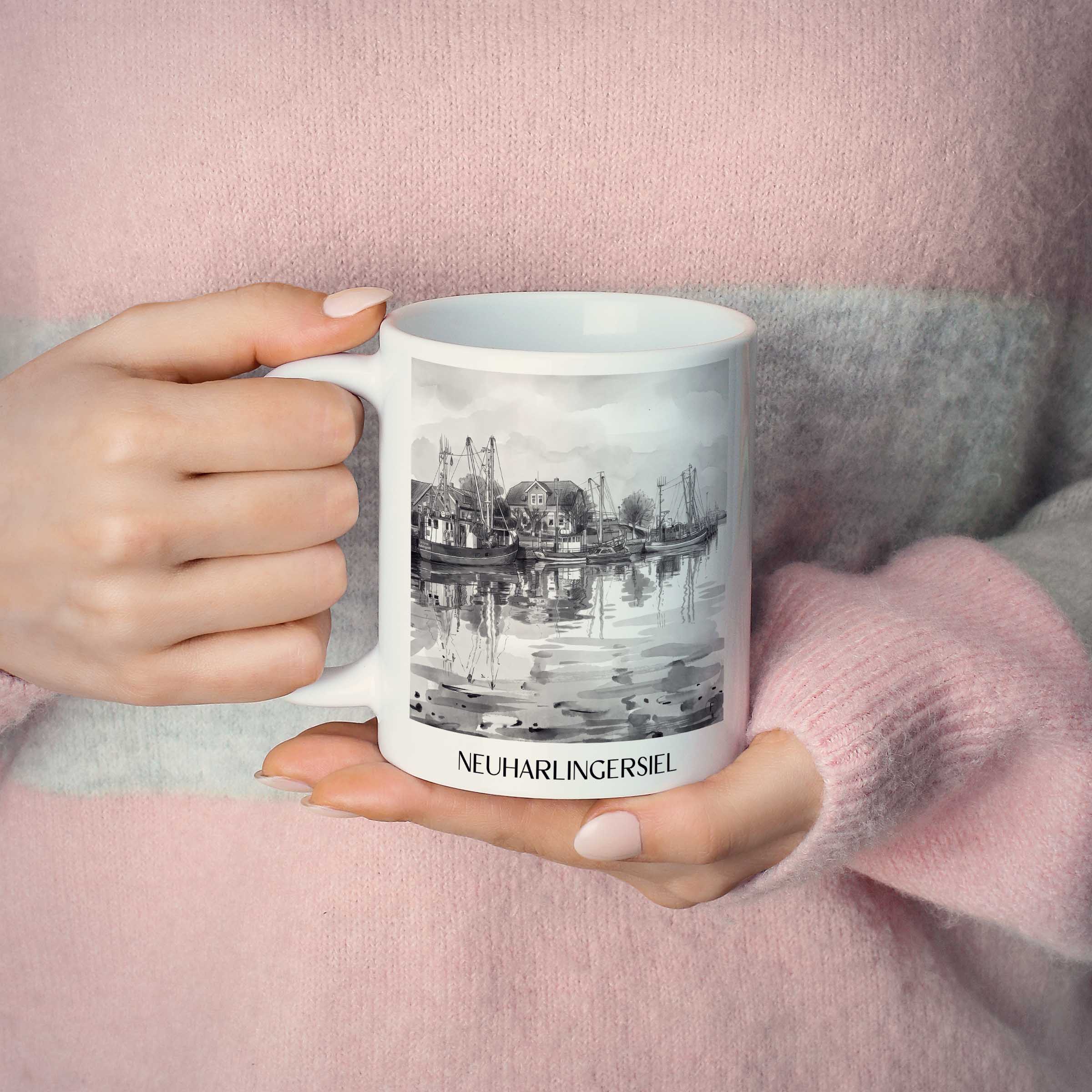 neuharlingersiel-ostfriesland-deutschland-kaffeebecher-aquarell-schwarz-weiss