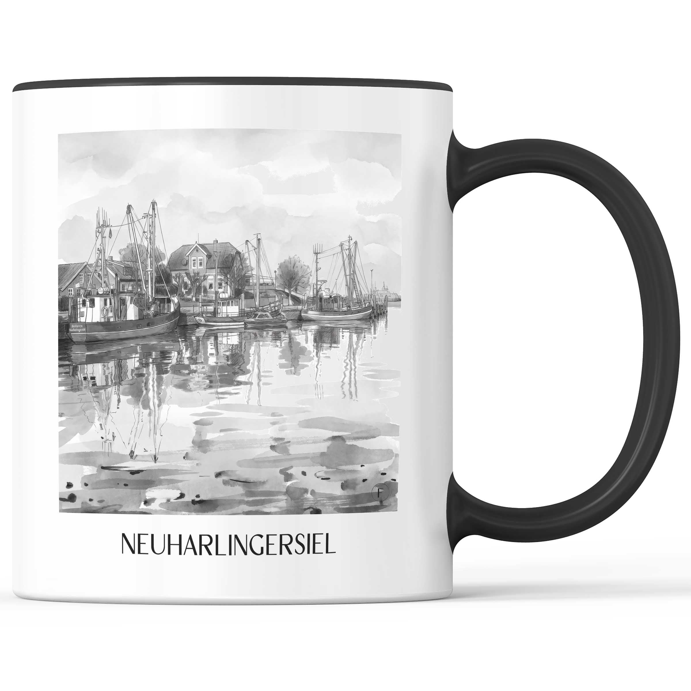 Neuharlingersiel Kaffeebecher - Ostfriesland - Deutschland Becher - Kaffeetasse im Aquarell Schwarz-Weiß Stil