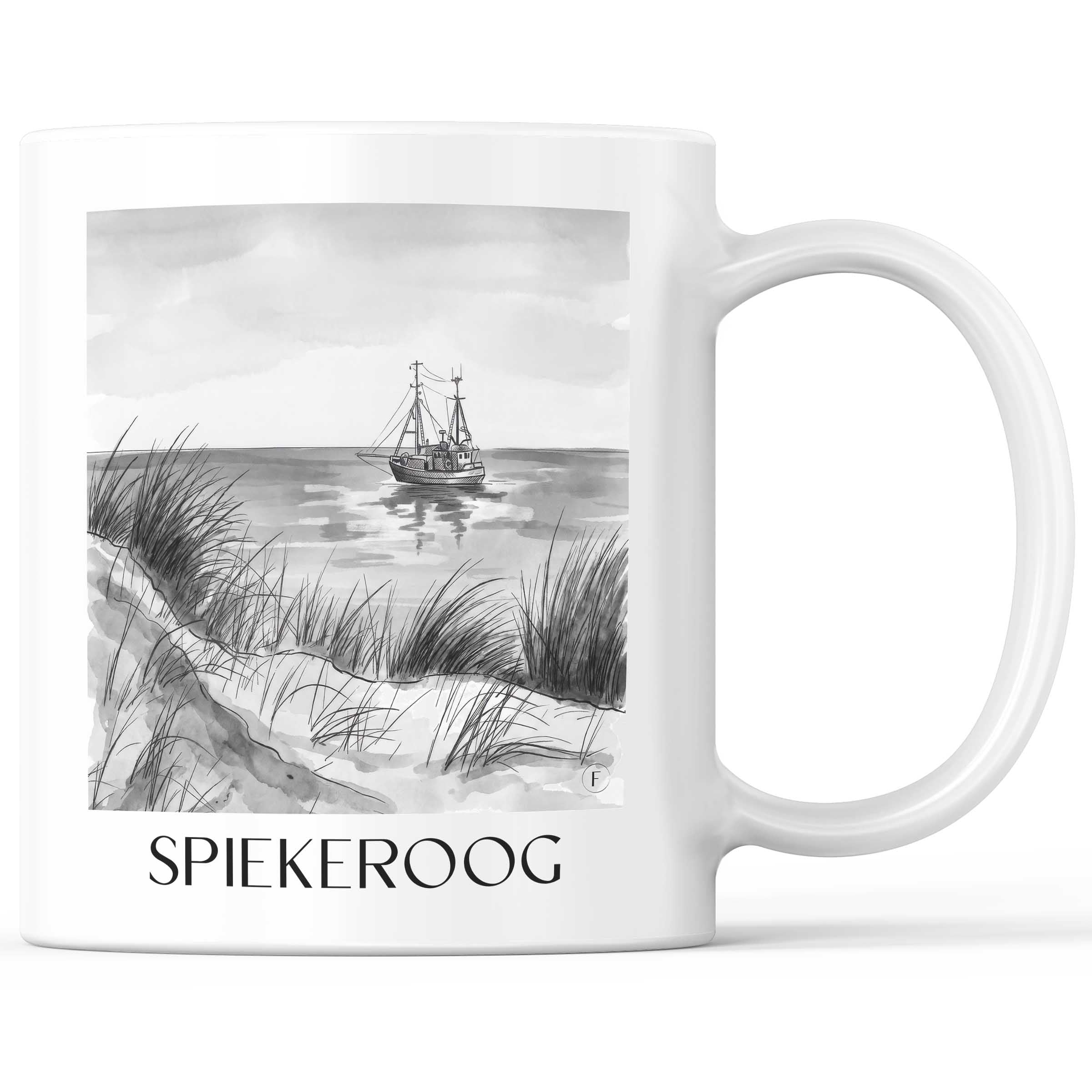 Spiekeroog Kaffeebecher - Ostfriesland - Deutschland Becher - Kaffeetasse im Aquarell Schwarz-Weiß Stil