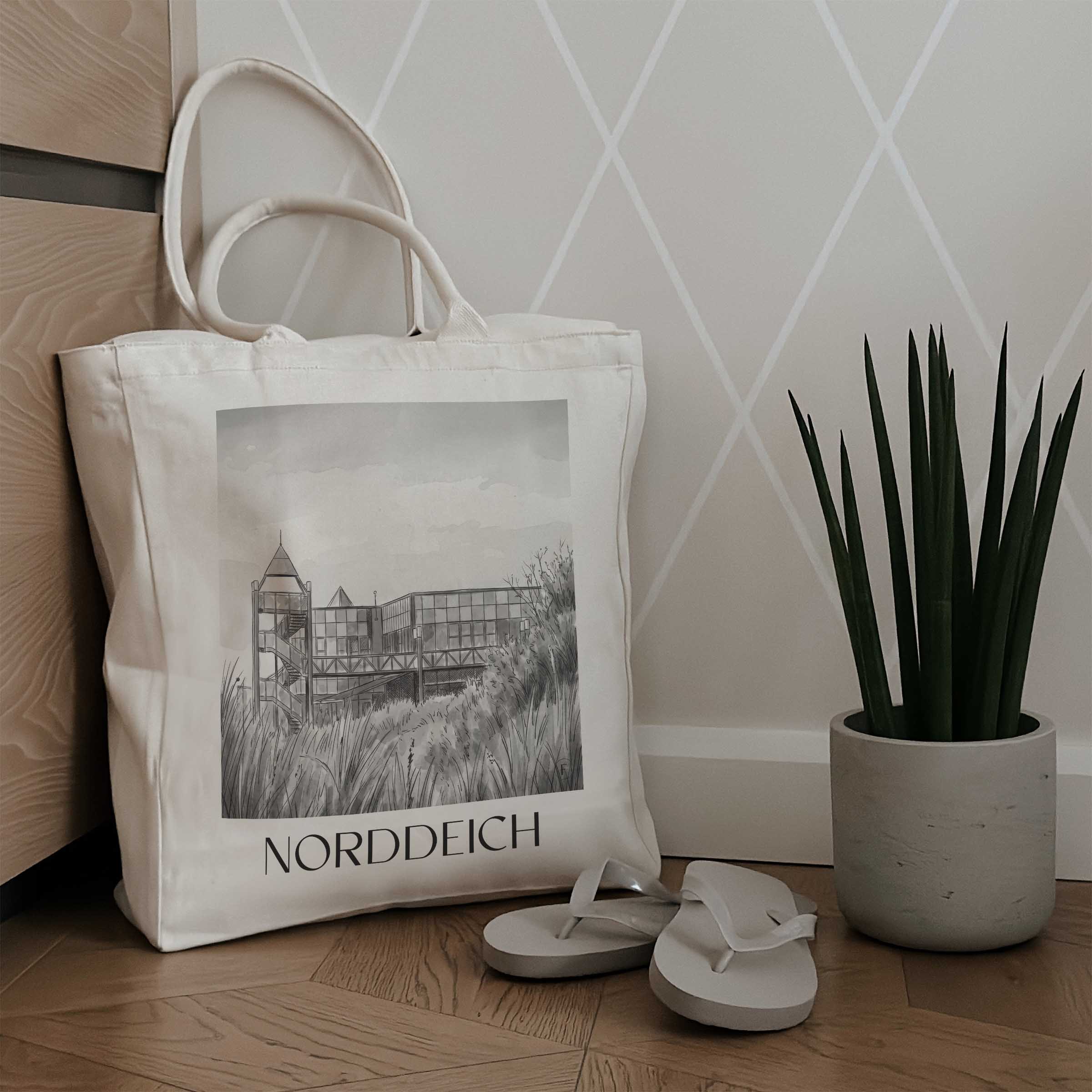 norddeich-ostfriesland-deutschland-einkaufstasche-aquarell-schwarz-weiss