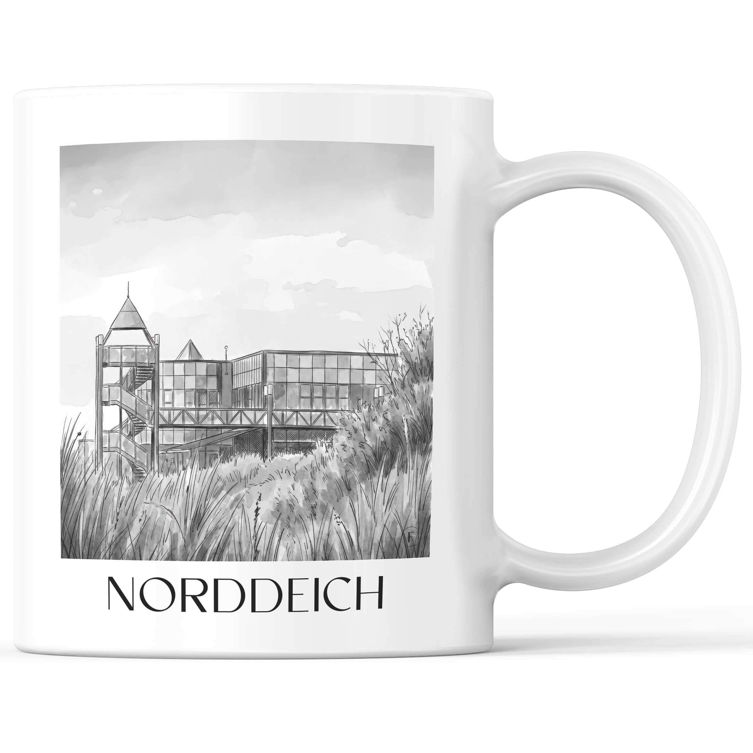Norddeich Kaffeebecher - Ostfriesland - Deutschland Becher - Kaffeetasse im Aquarell Schwarz-Weiß Stil