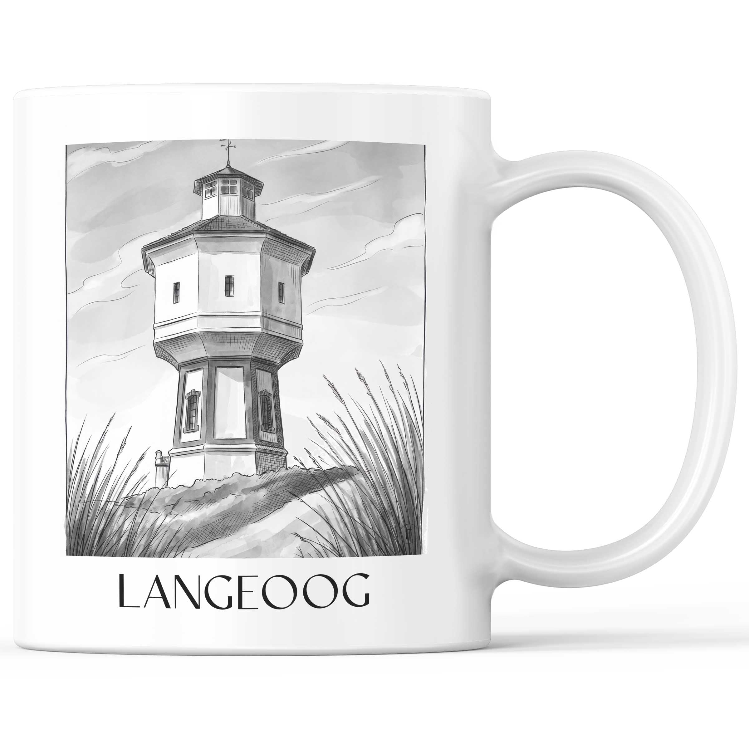Langeoog Kaffeebecher - Ostfriesland - Deutschland Becher - Kaffeetasse im Aquarell Schwarz-Weiß Stil