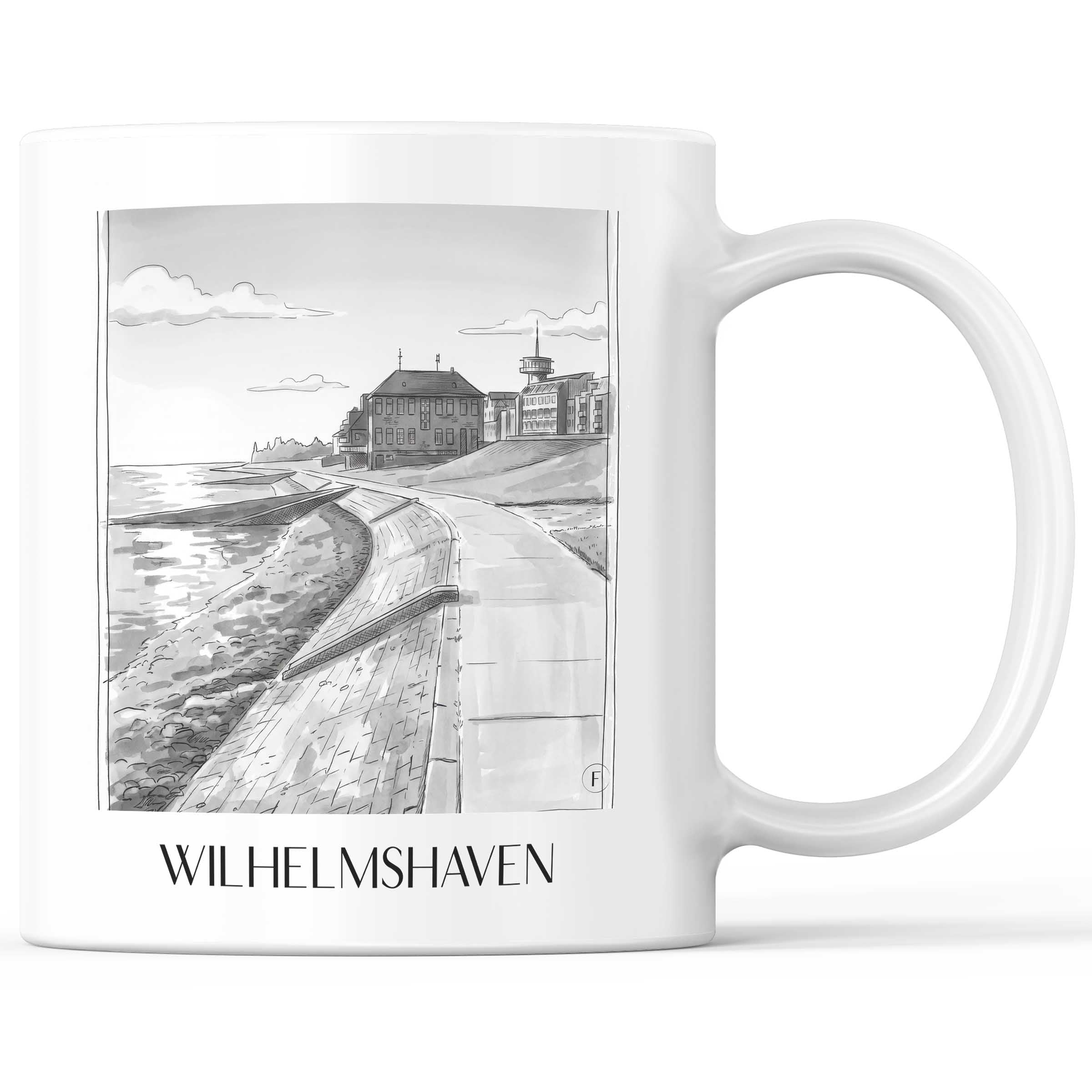 Wilhelmshaven Kaffeebecher - Oldenburger Friesland - Deutschland Becher - Kaffeetasse im Aquarell Schwarz-Weiß Stil