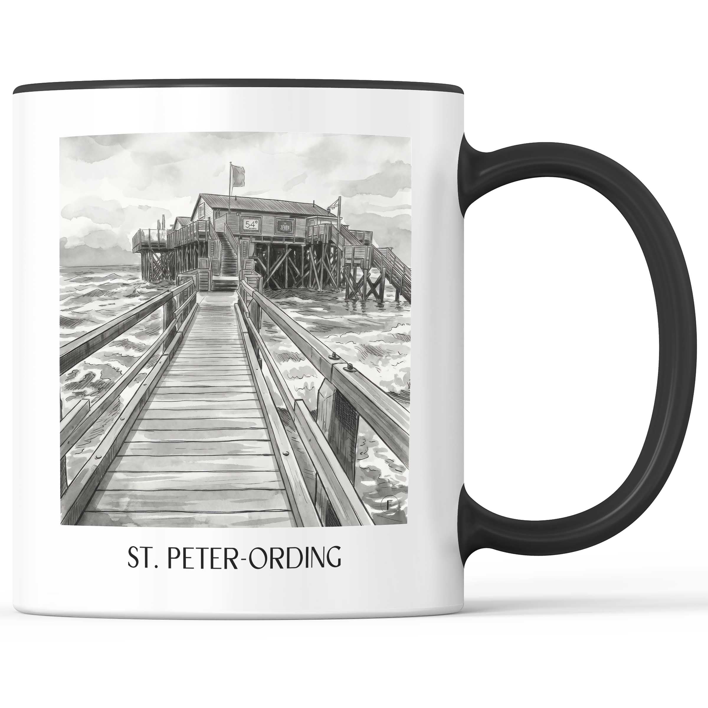 St. Peter-Ording Kaffeebecher - Nordfriesland - Deutschland Becher - Kaffeetasse im Aquarell Schwarz-Weiß Stil