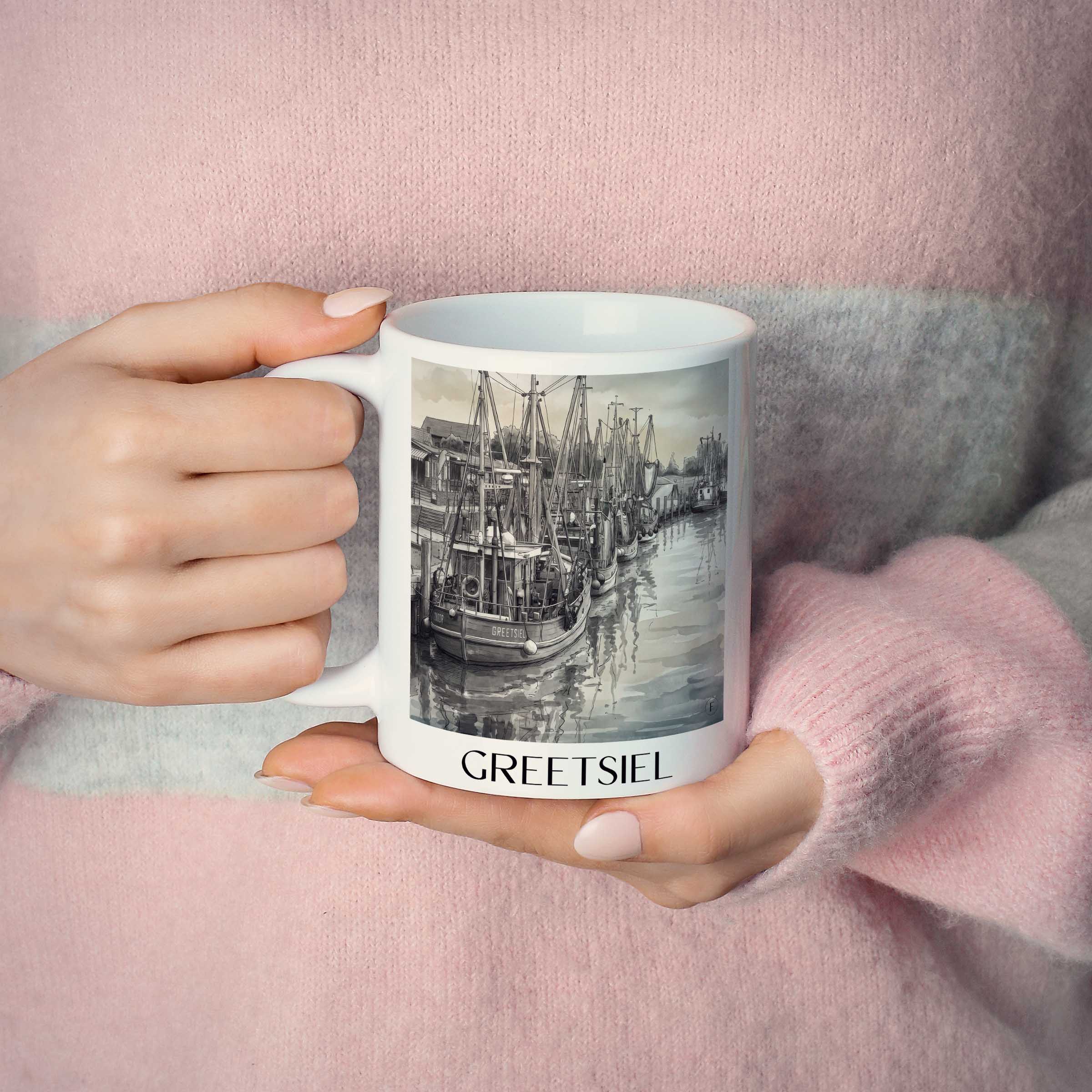 greetsiel-ostfriesland-deutschland-kaffeebecher-aquarell-schwarz-weiss