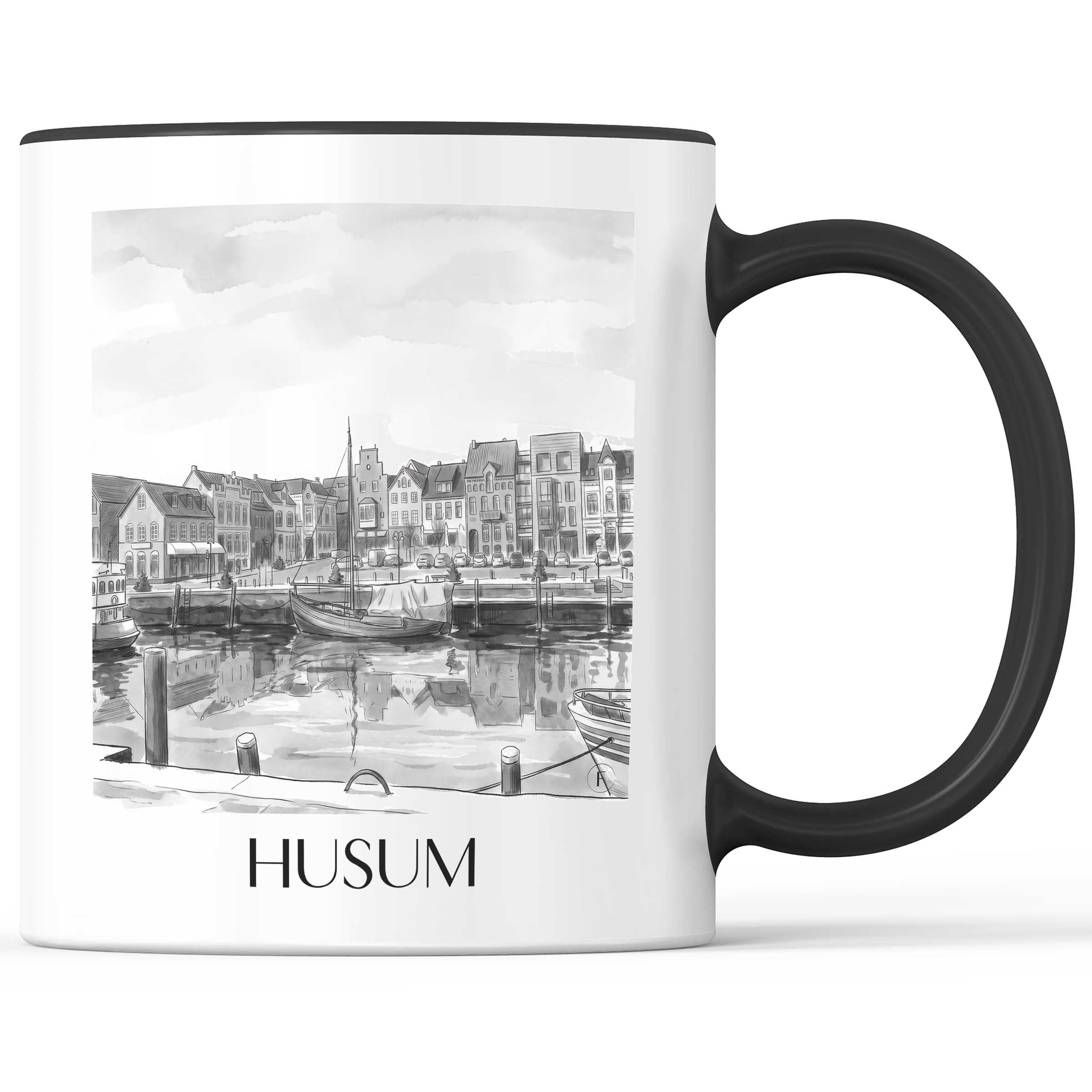 husum-nordfriesland-deutschland-kaffeebecher-aquarell-schwarz-weiss