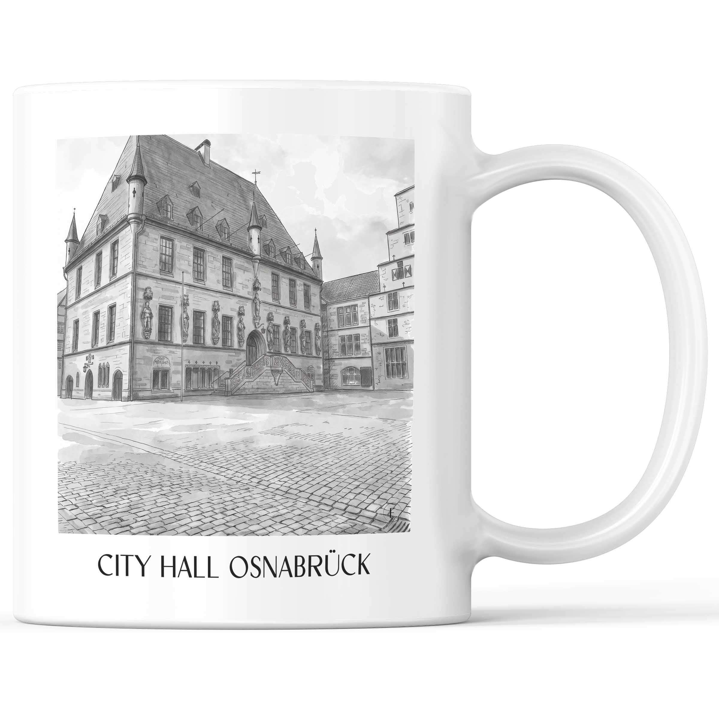 Rathaus Kaffeebecher - Osnabrück - Deutschland Becher - Kaffeetasse im Aquarell Schwarz-Weiß Stil