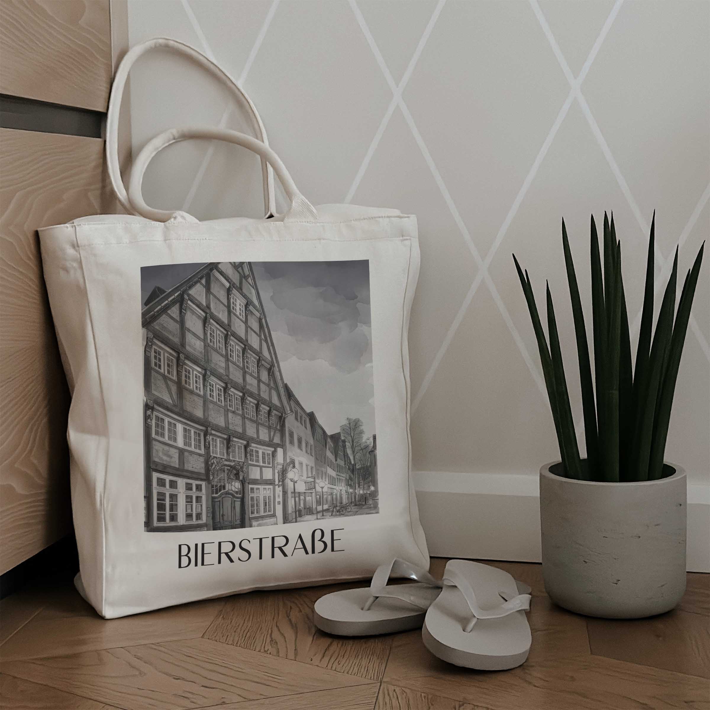 bierstraße-osnabrück-deutschland-einkaufstasche-aquarell-schwarz-weiss