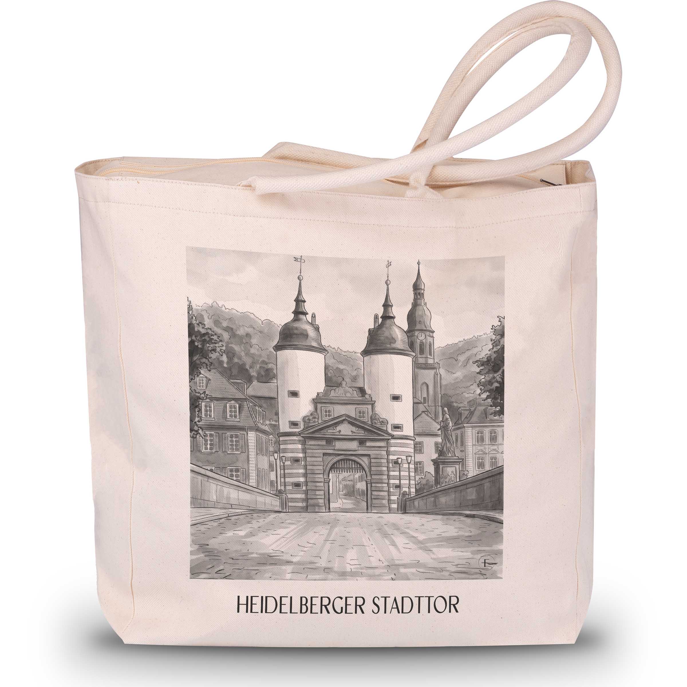 stadttor-heidelberg-deutschland-einkaufstasche-aquarell-schwarz-weiss