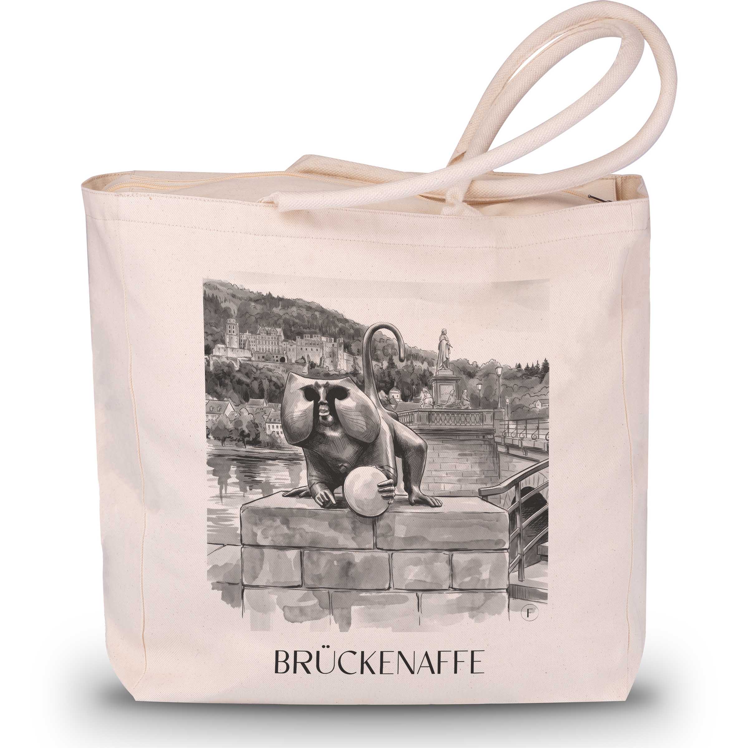 brückenaffe-heidelberg-deutschland-einkaufstasche-aquarell-schwarz-weiss
