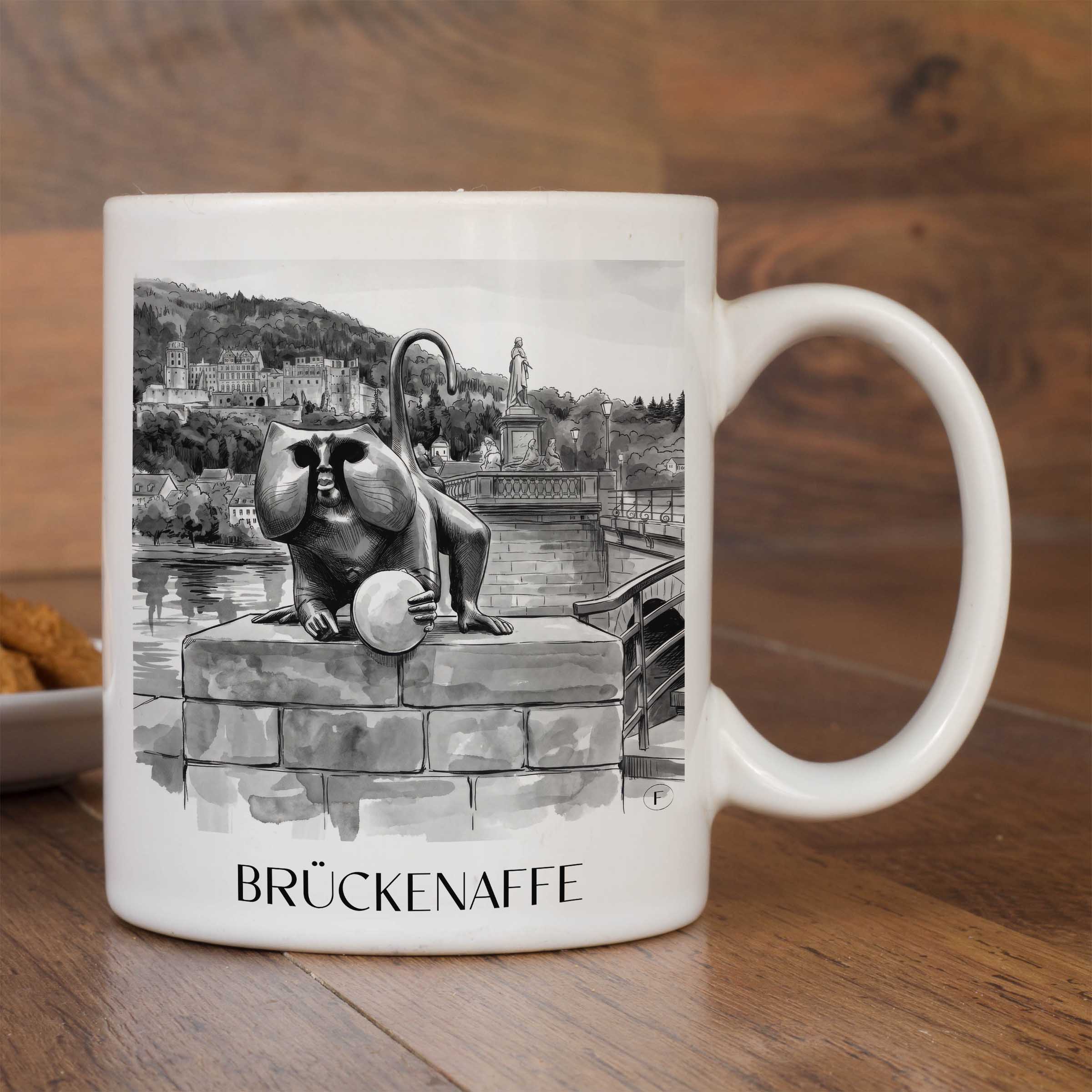 brückenaffe-heidelberg-deutschland-kaffeebecher-aquarell-schwarz-weiss
