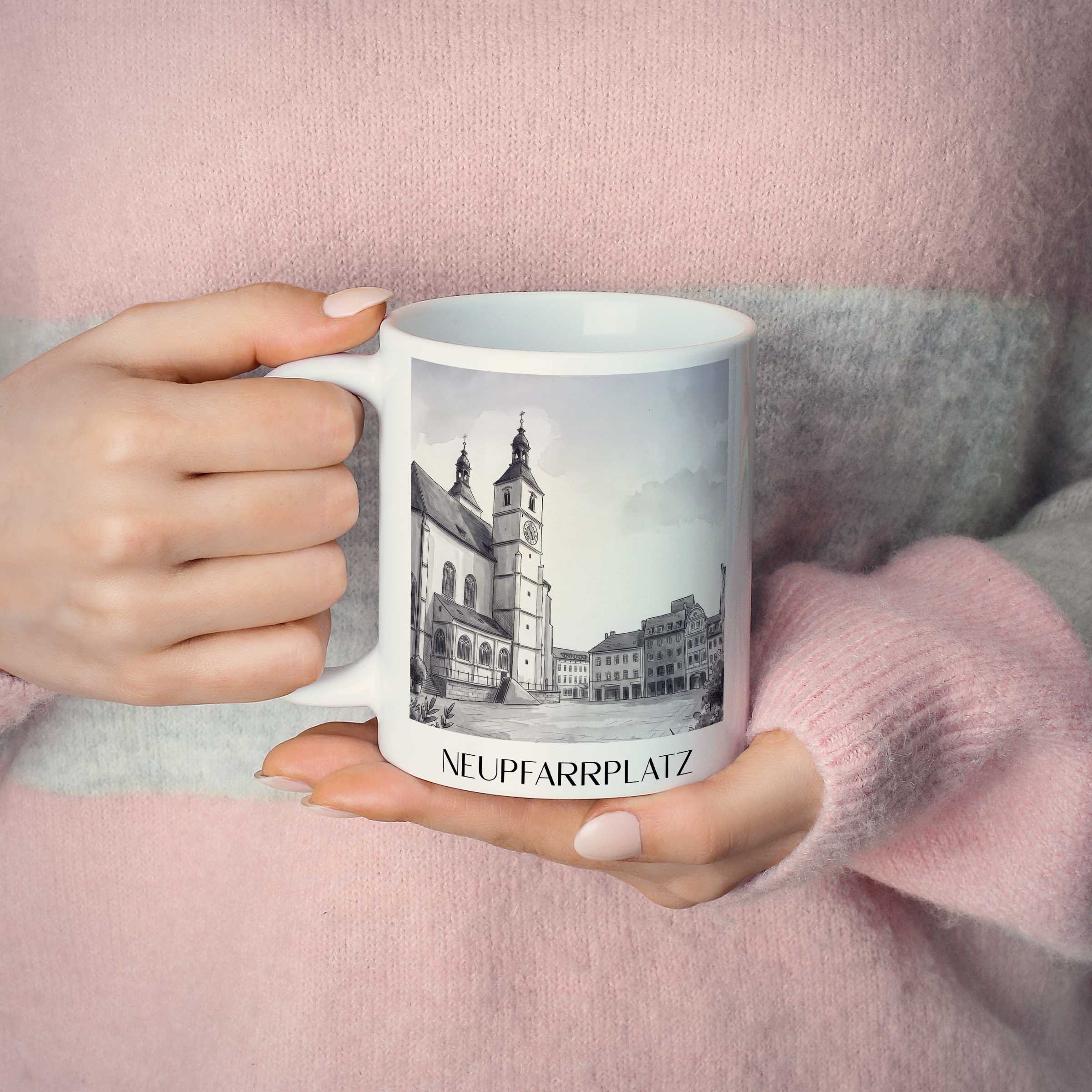 neupfarrplatz-regensburg-deutschland-kaffeebecher-aquarell-schwarz-weiss