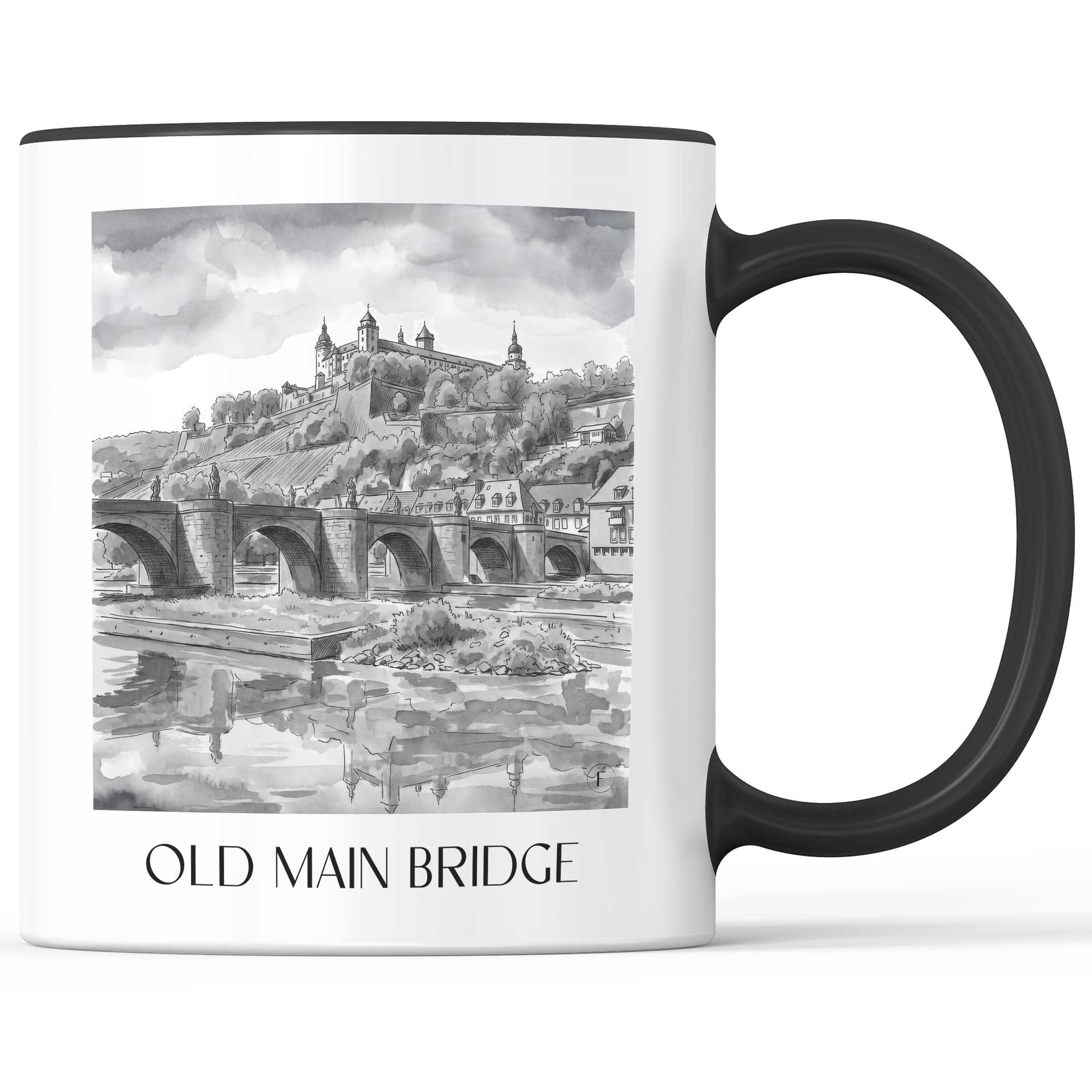 Alte Mainbrücke Kaffeebecher - Würzburg - Deutschland Becher - Kaffeetasse im Aquarell Schwarz-Weiß Stil