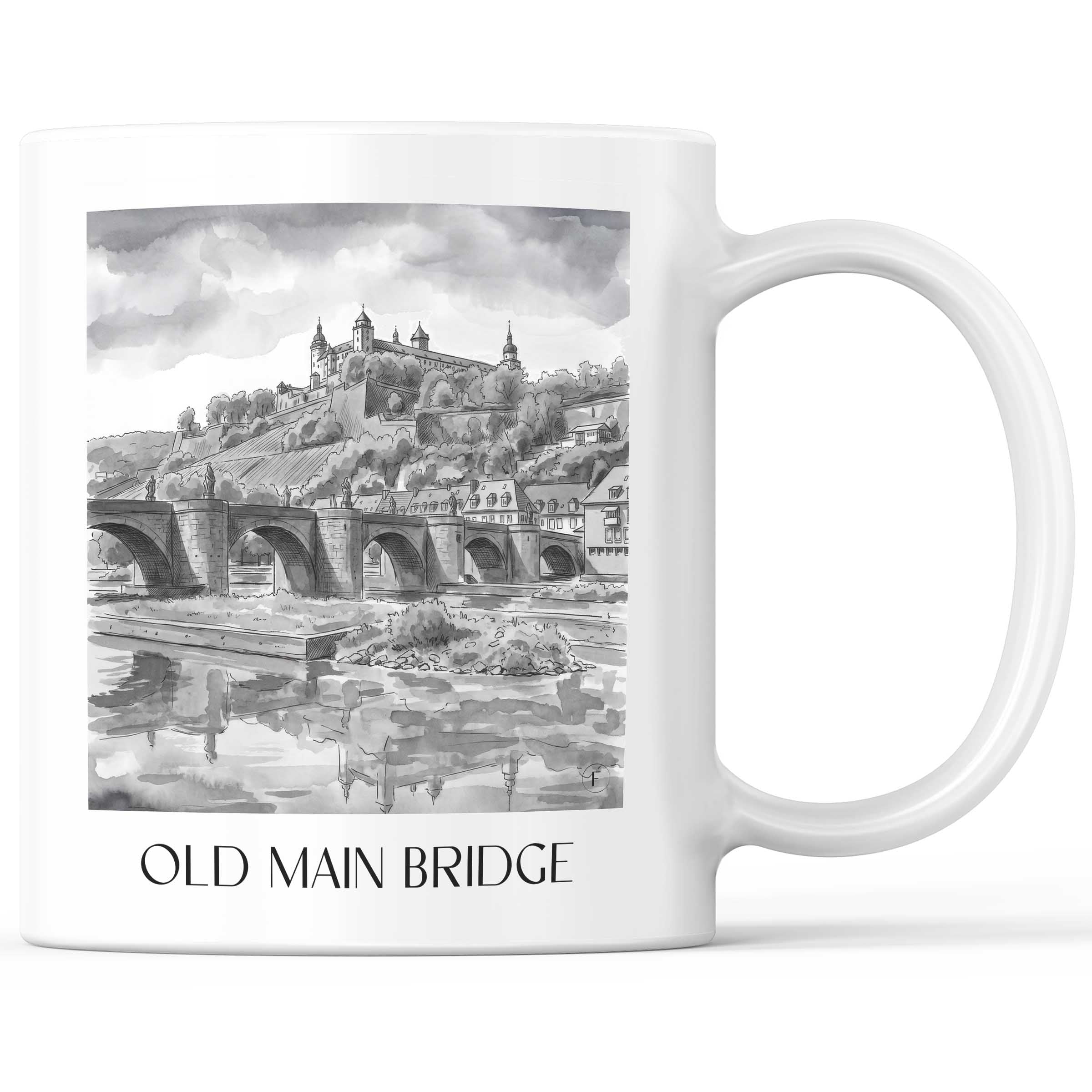 Alte Mainbrücke Kaffeebecher - Würzburg - Deutschland Becher - Kaffeetasse im Aquarell Schwarz-Weiß Stil