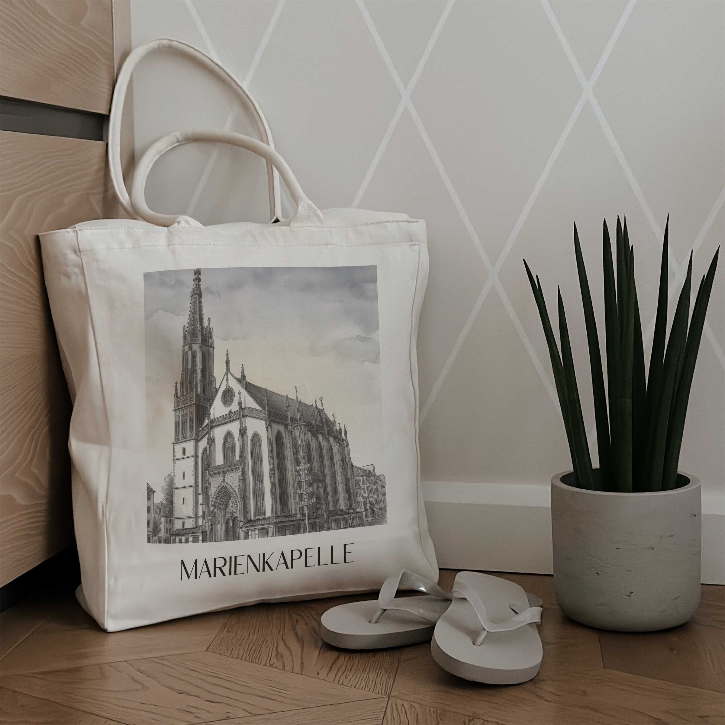 marienkapelle-würzburg-deutschland-einkaufstasche-aquarell-schwarz-weiss