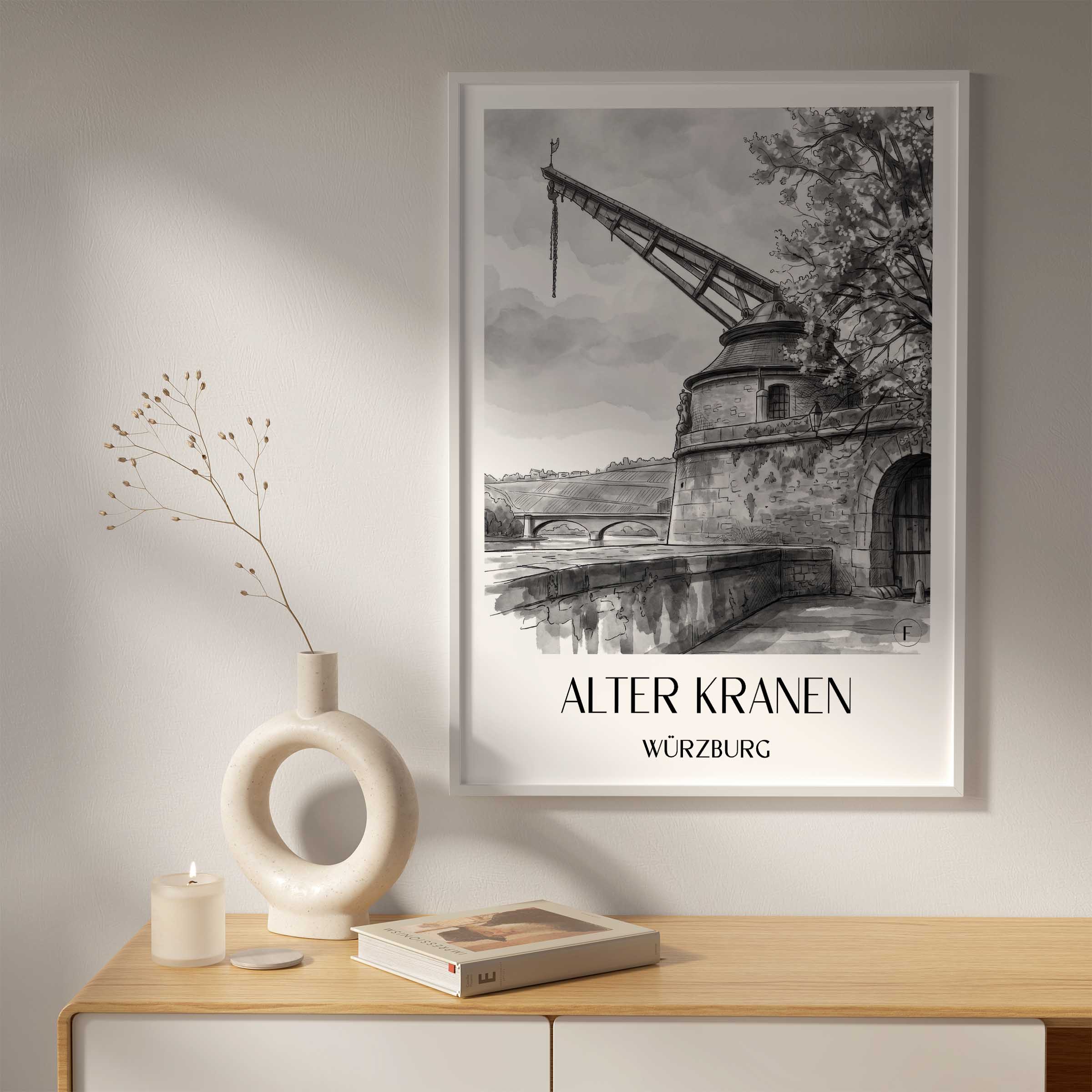 alter-kranen-würzburg-deutschland-poster-aquarell-schwarz-weiss