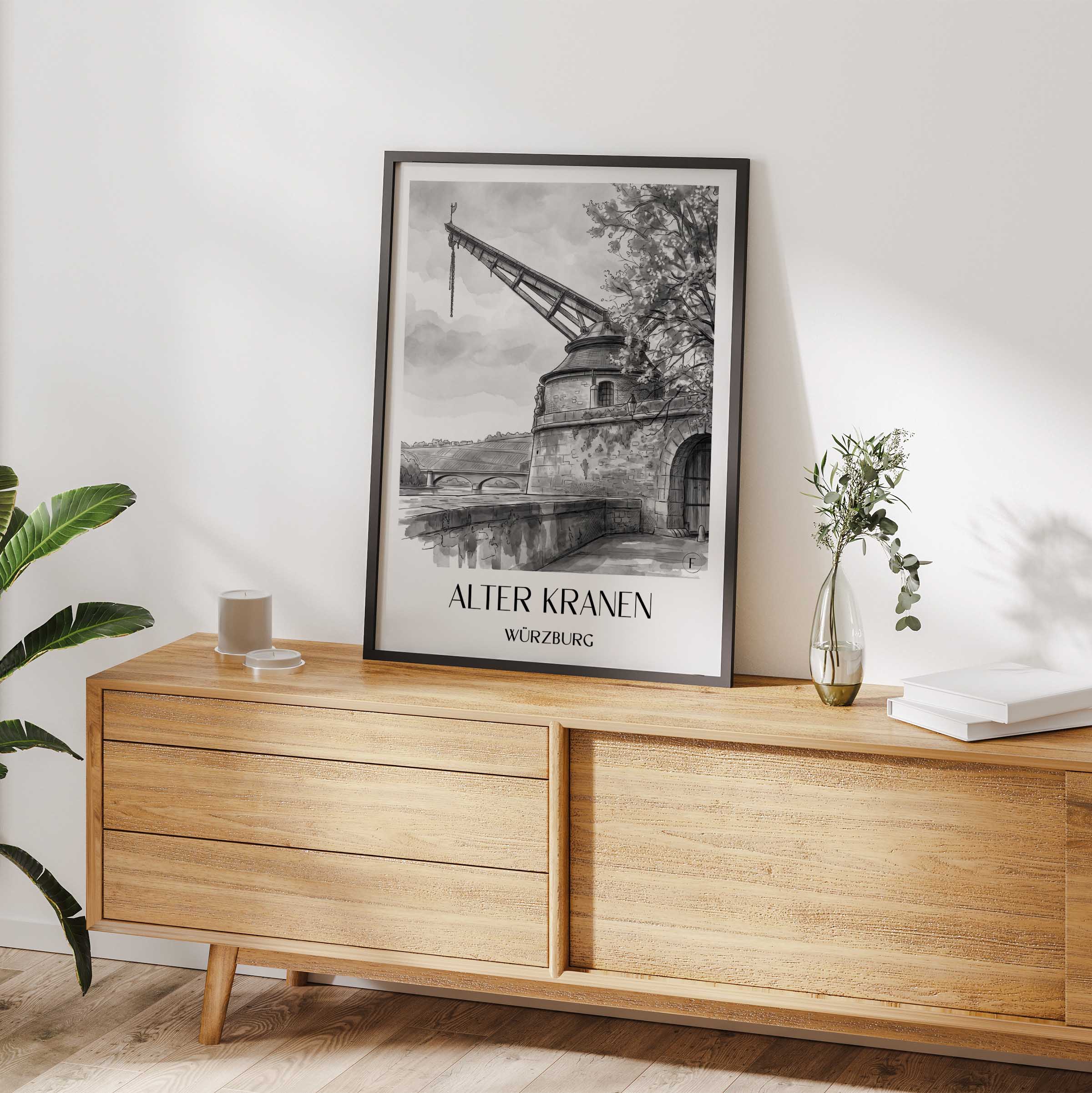 alter-kranen-würzburg-deutschland-poster-aquarell-schwarz-weiss