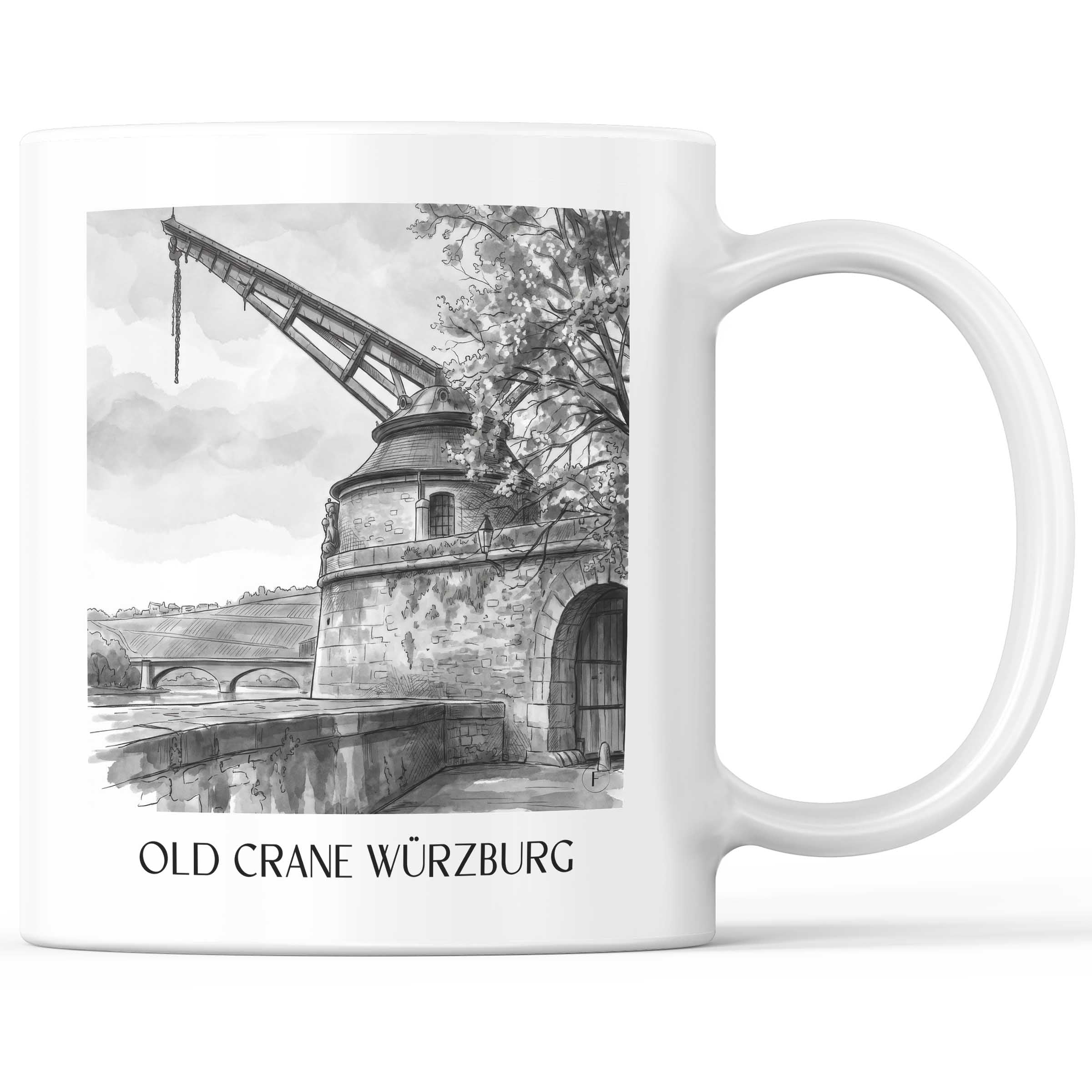 Alter Kranen Kaffeebecher - Würzburg - Deutschland Becher - Kaffeetasse im Aquarell Schwarz-Weiß Stil