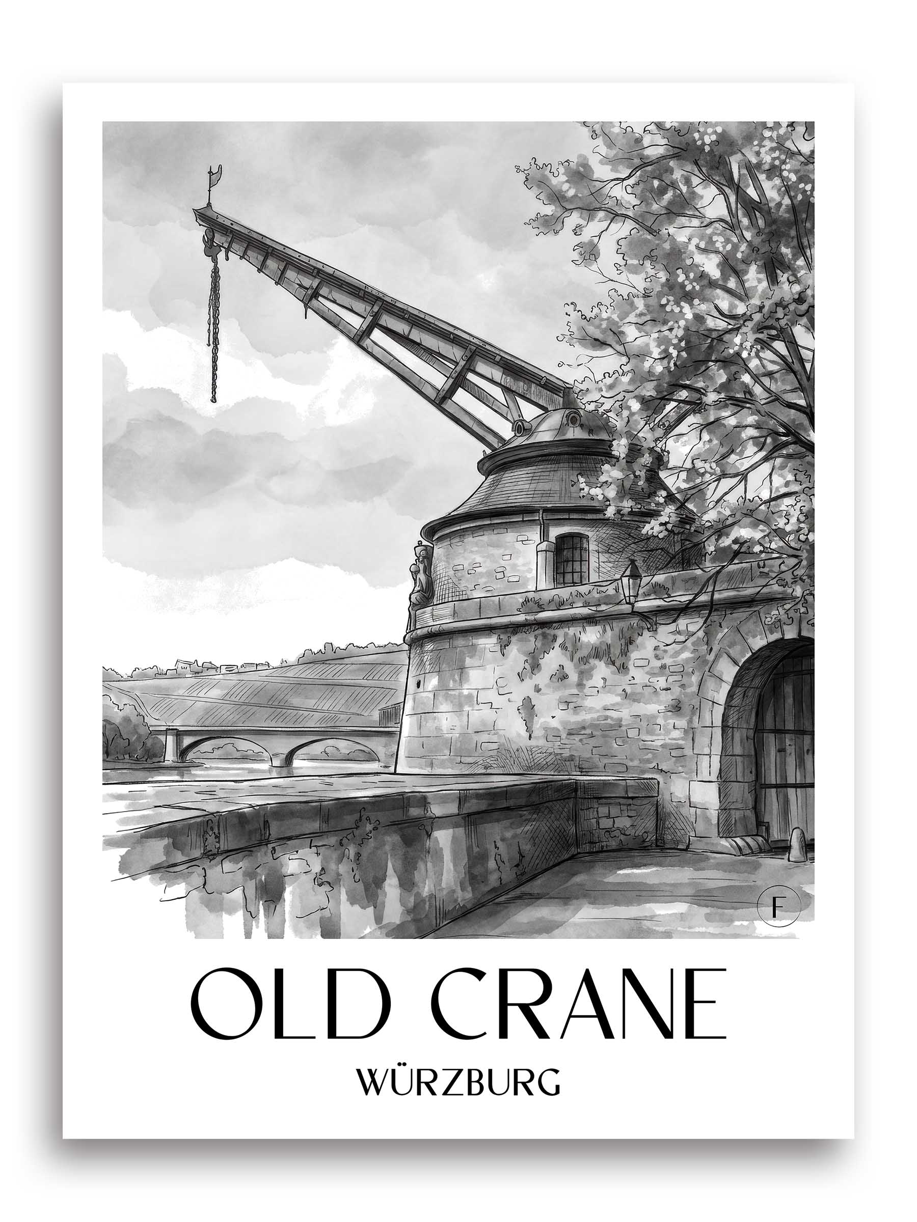 Alter Kranen Poster - Würzburg - Deutschland Kunstdruck - Aquarell Schwarz-Weiß von A4 bis A1