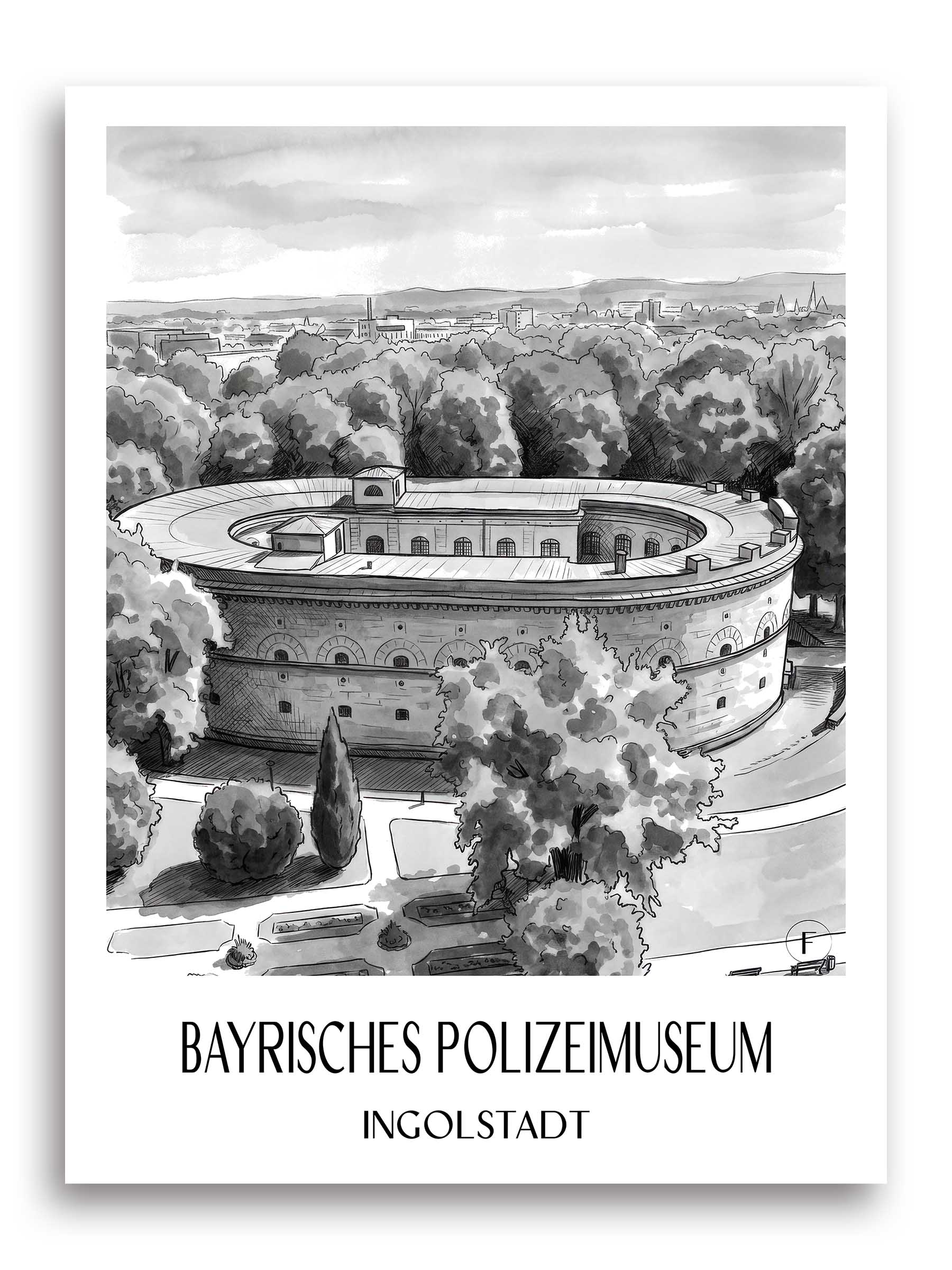 bayrisches-polizeimuseum-ingolstadt-deutschland-poster-aquarell-schwarz-weiss