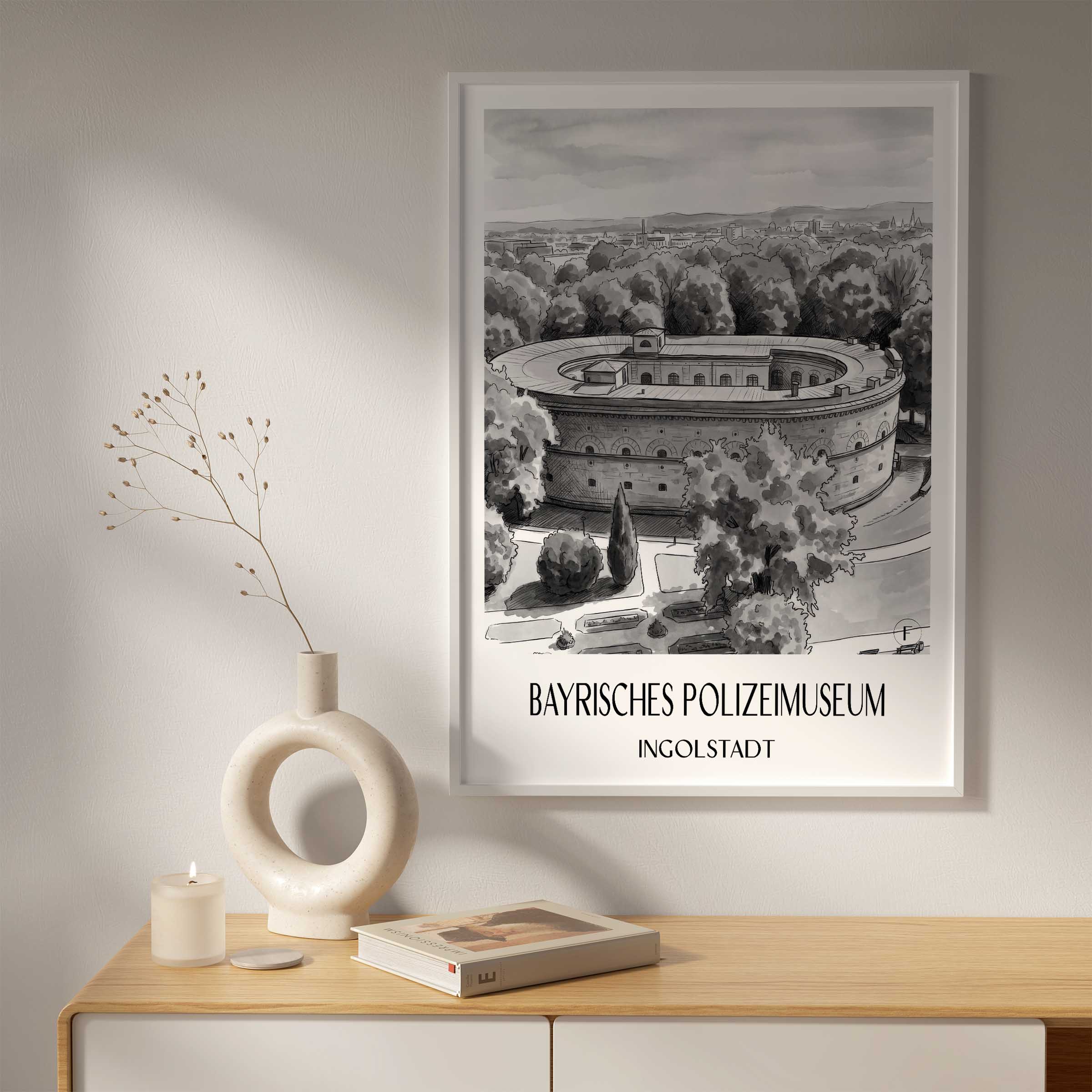 bayrisches-polizeimuseum-ingolstadt-deutschland-poster-aquarell-schwarz-weiss