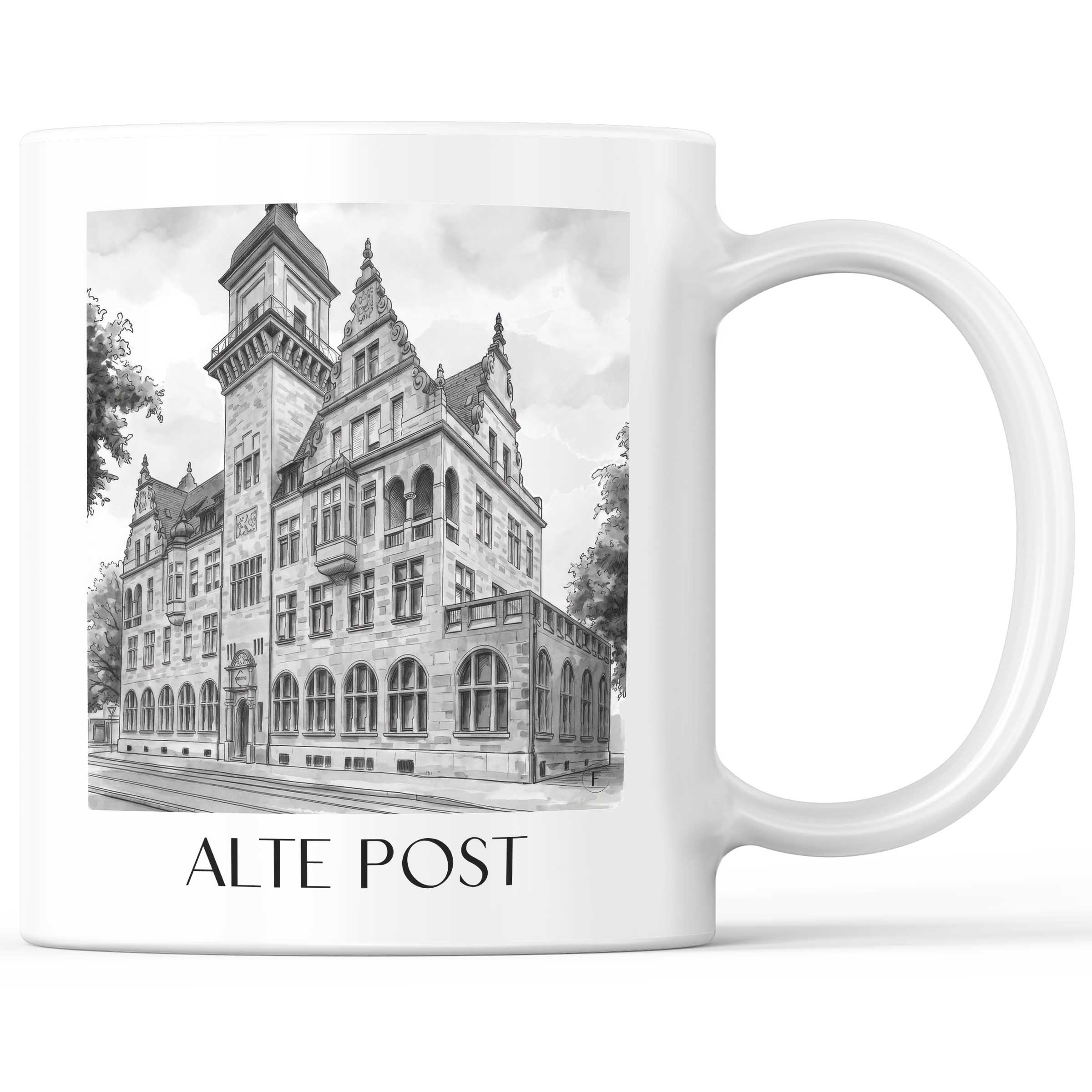alte-post-heilbronn-deutschland-kaffeebecher-aquarell-schwarz-weiss