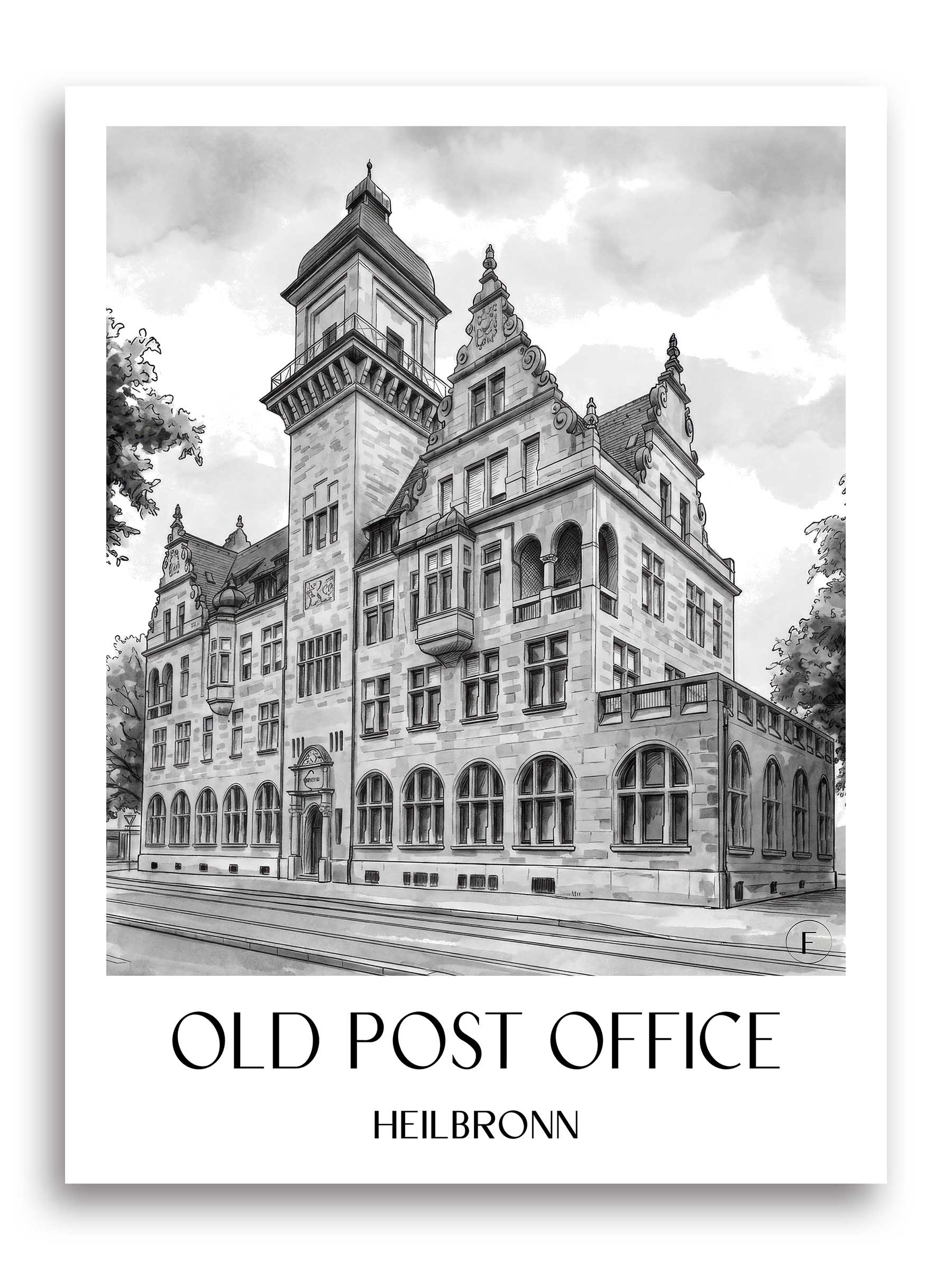 Alte Post Poster - Heilbronn - Deutschland Kunstdruck - Aquarell Schwarz-Weiß von A4 bis A1