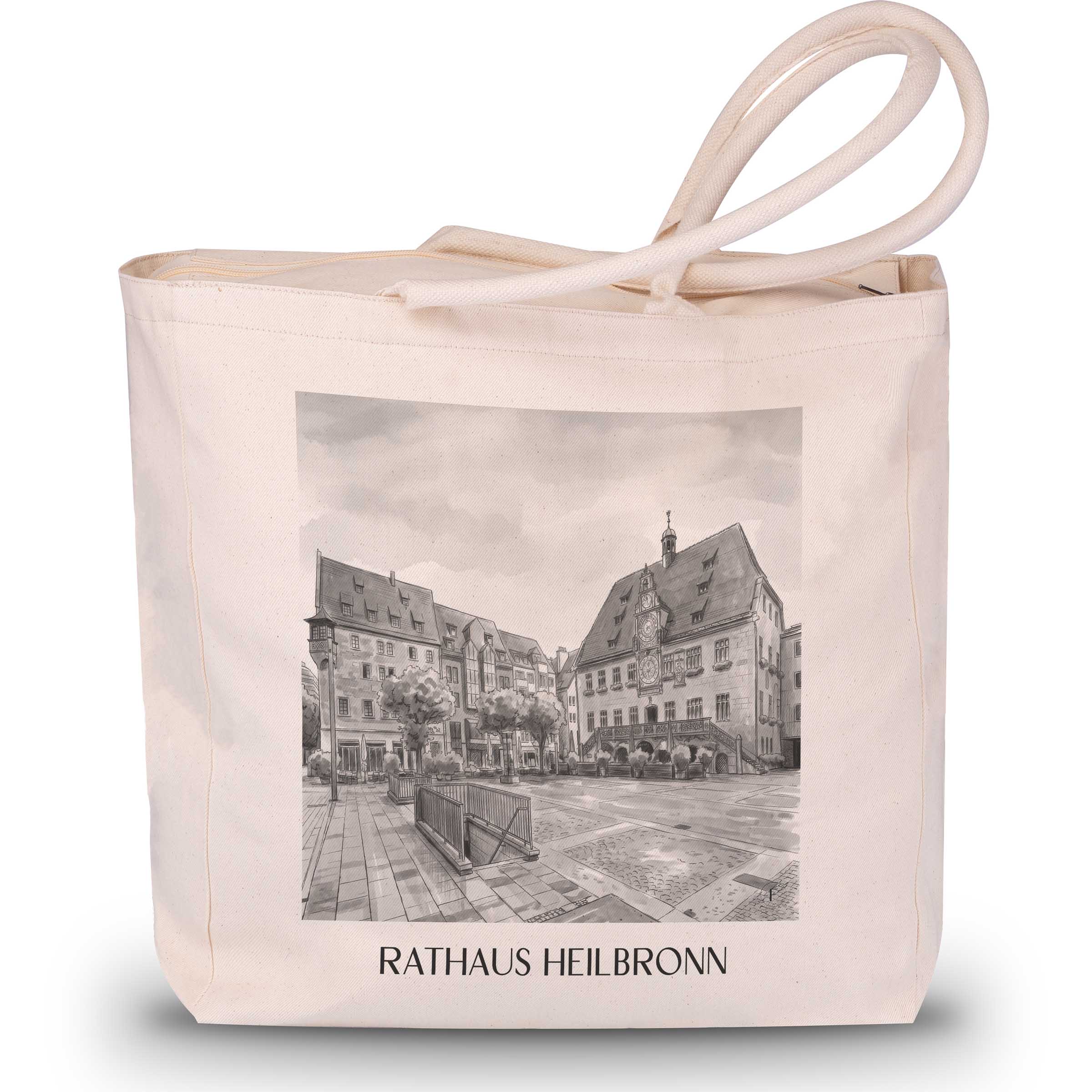 rathaus-heilbronn-deutschland-einkaufstasche-aquarell-schwarz-weiss