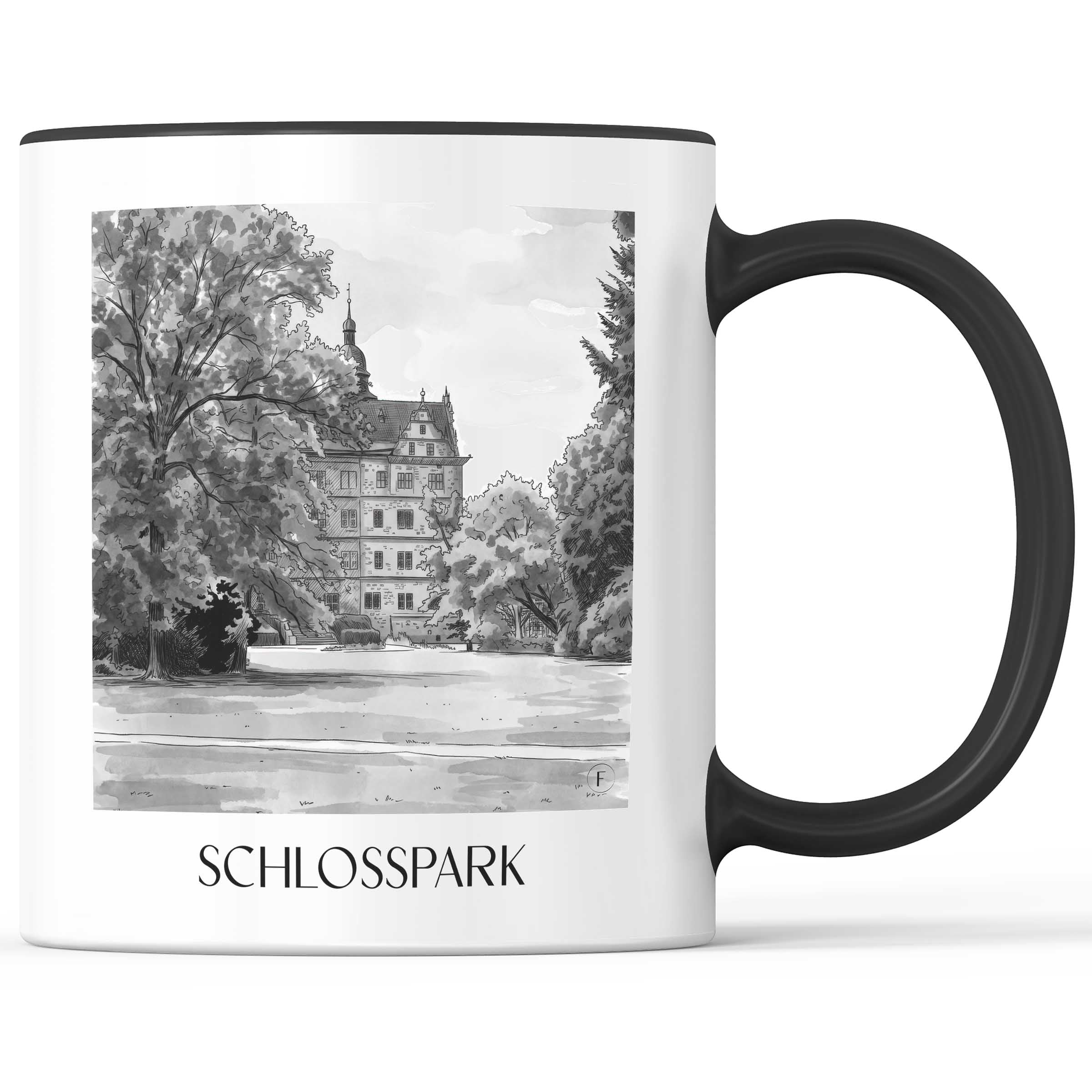 schlosspark-wolfsburg-deutschland-kaffeebecher-aquarell-schwarz-weiss