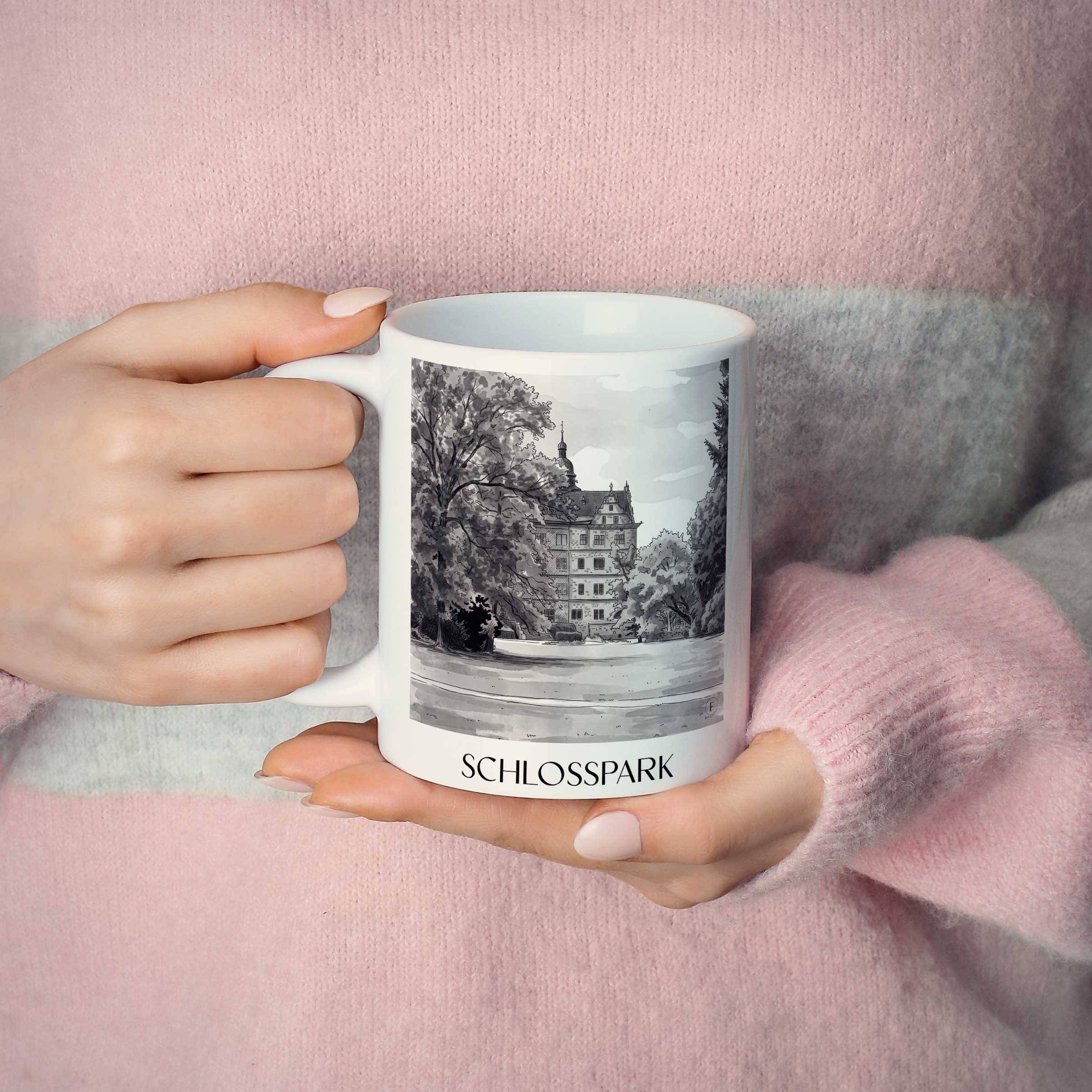 schlosspark-wolfsburg-deutschland-kaffeebecher-aquarell-schwarz-weiss