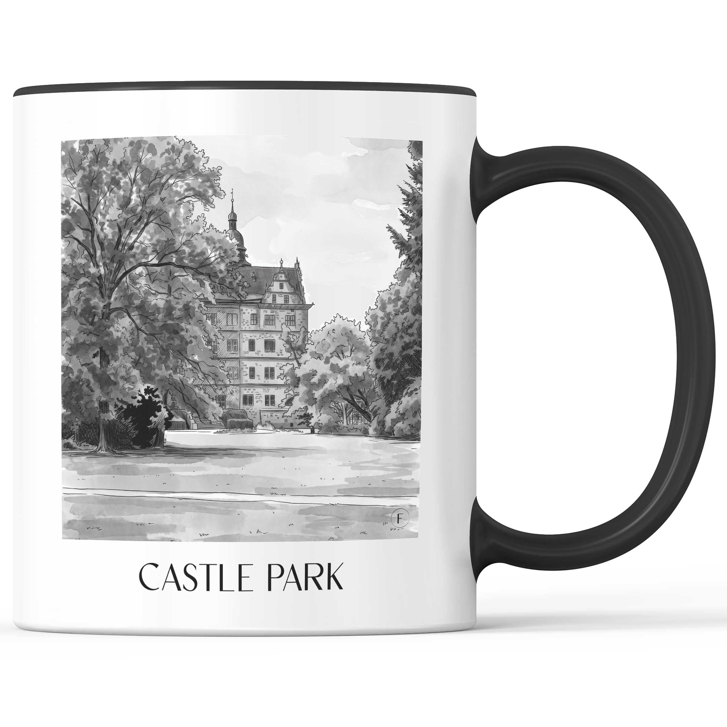 Schlosspark Kaffeebecher - Wolfsburg - Deutschland Becher - Kaffeetasse im Aquarell Schwarz-Weiß Stil